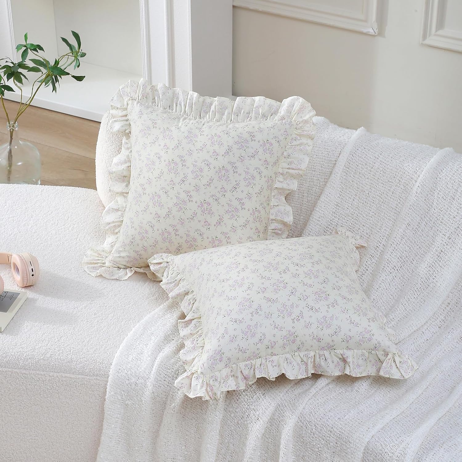2 Pack Floral Print Ruffle Throw Pillow Covers, 100% Cotton Shabby and Chic French Country Pillow Shams for Bed/Sofa Zipper Closure-18''x18'', Pattern A