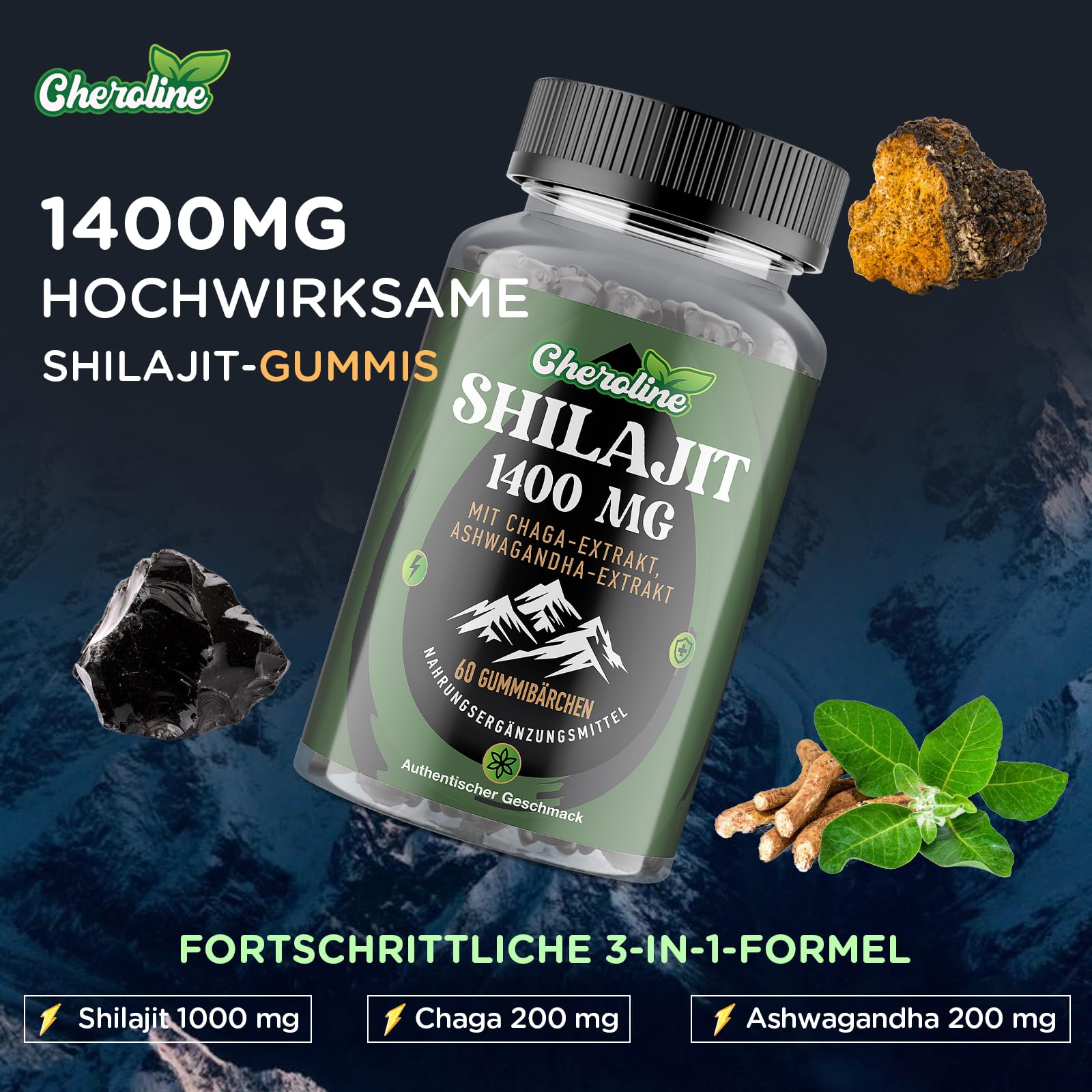 Gomitas de Shilajit 1400 mg, con Extractos de Chaga y Ashwagandha, Veganas y sin Azúcar (60 Unidad (Paquete de 2))