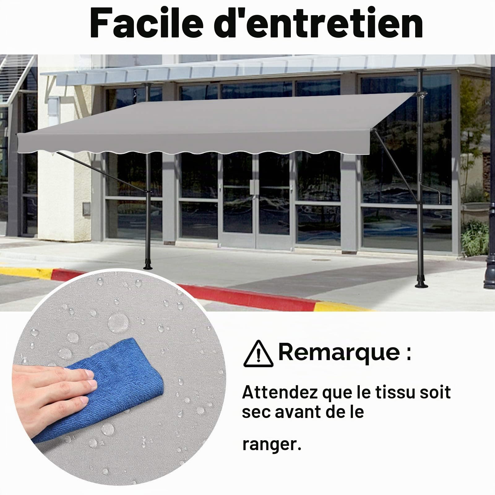 LZQ Store de Balcon rétractable Manuel, manivelle réglable, résistant aux UV, sans perçage, 100% Polyester (250 x 120 cm, Gris)