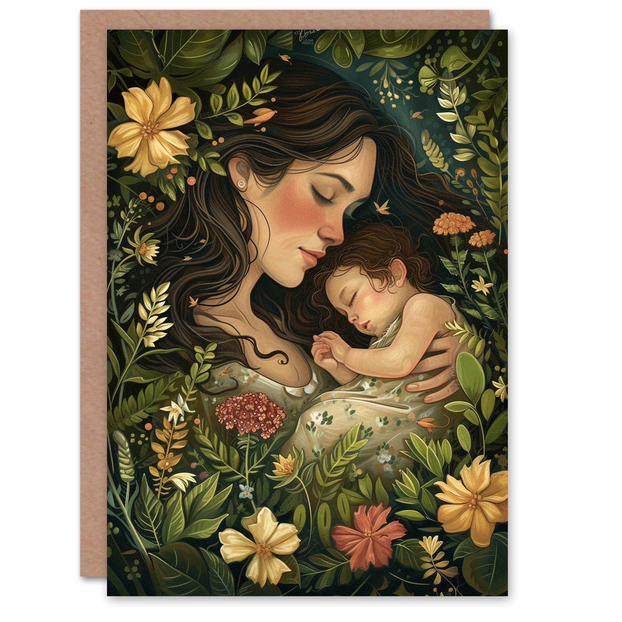 Artery8 Mother's Day Card Mother and Child Floral Forest Nature Painting For Mum Mam Mother Mummy Greeting Card