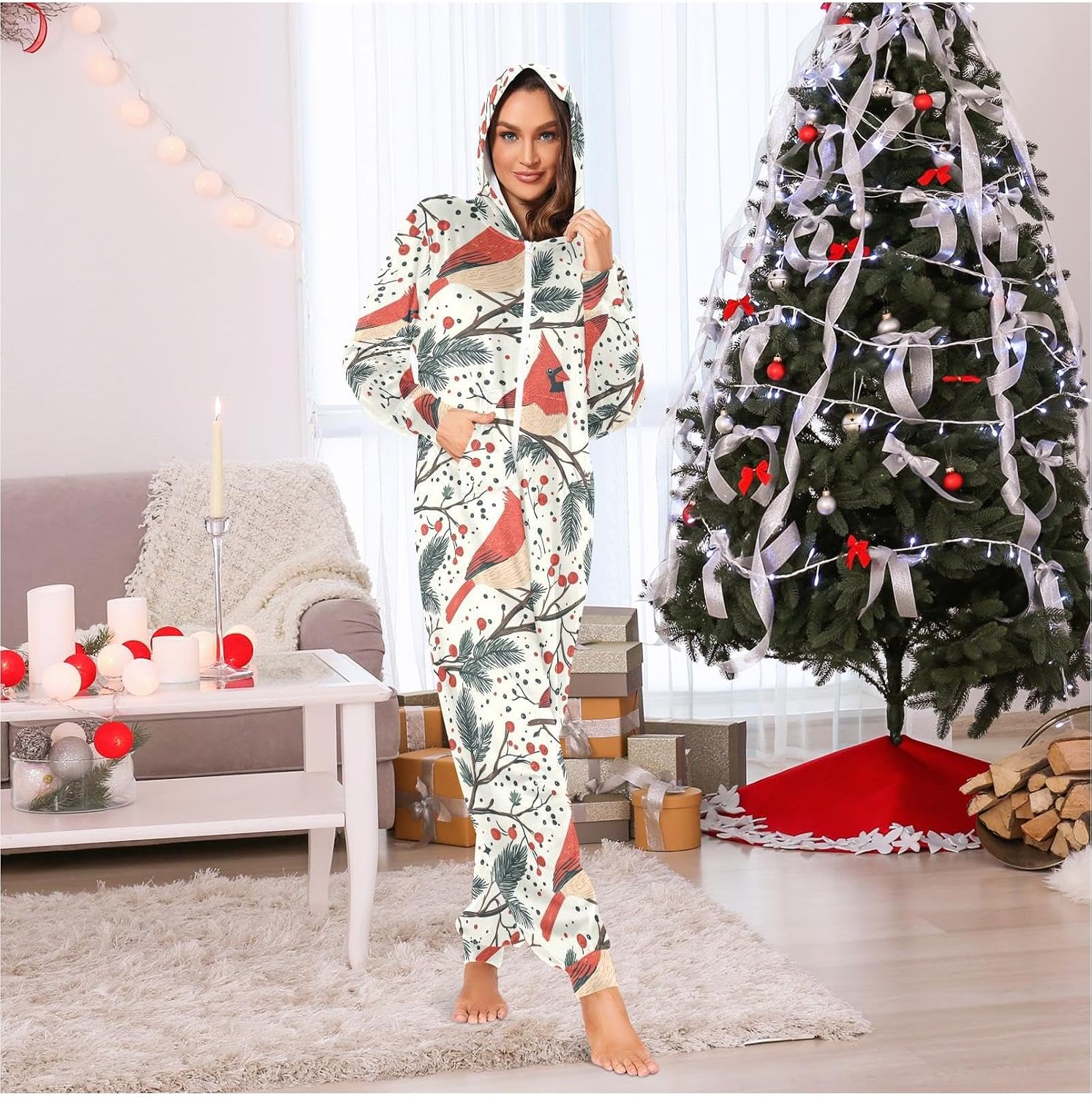 ZZKKO Cardinal Bird Red Berry Leaves Adult Onesie Pajamas for Women Men Cozy One Piece Pajamas Costume Zip-Up Hooded S-XL