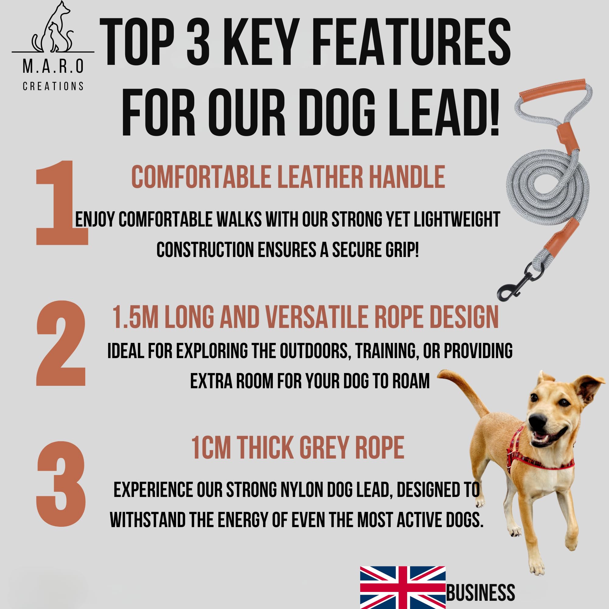 Durable Grey Dog Rope Lead - Reflective Leash for All Dog Sizes, 150 centimeters - Image 2