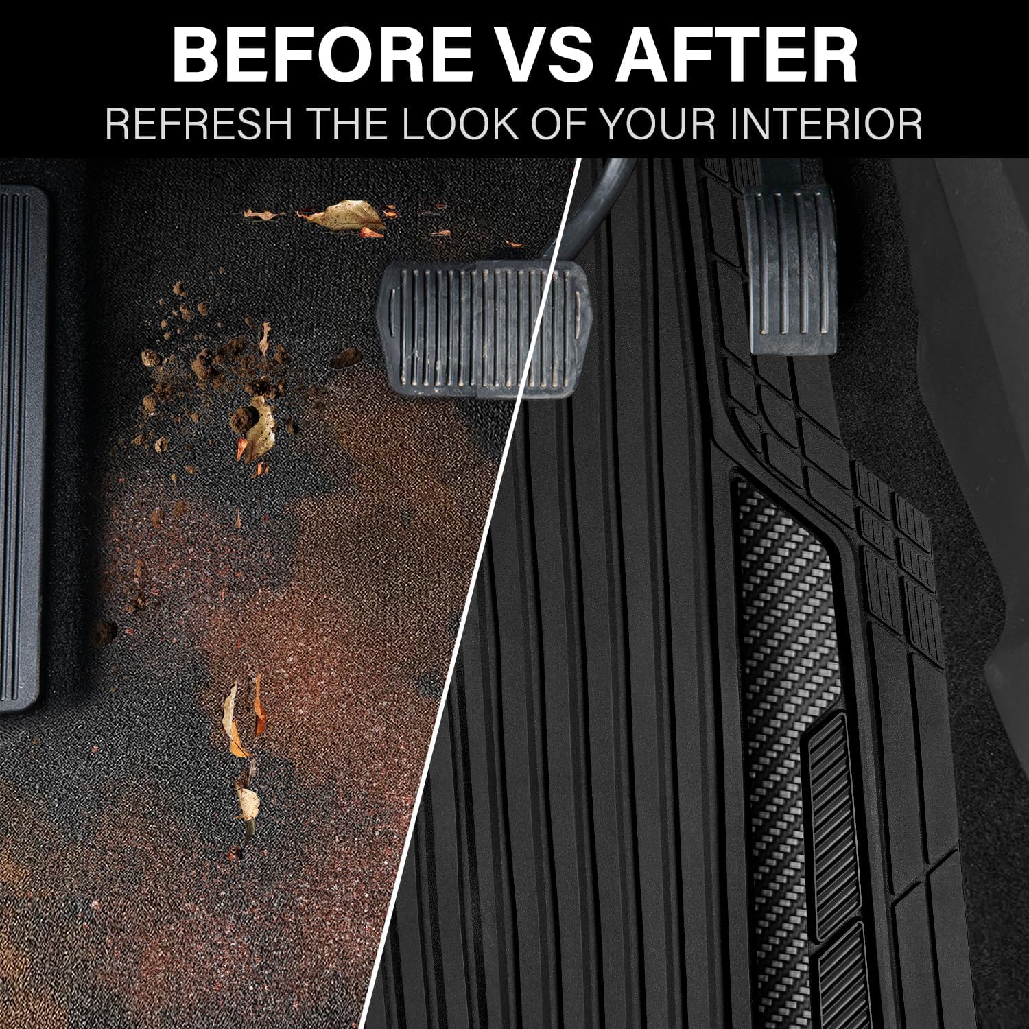 CAR PASS Heavy Duty Rubber Car Mats Metallic,Aluminum Film All Weather Floor Mats Waterproof Universal Trim to Fit SUVs Sedans Vans 4 Piece Anodized Deep Dish Two-Tone Sporty Carbon Fiber Black Chrome - Image 6