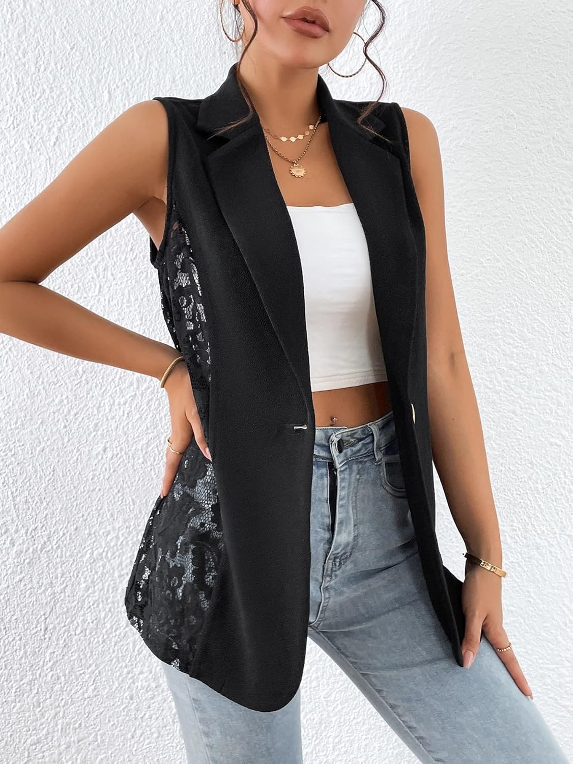 WDIRARA Women's Contrast Lace Jacket Sleeveless Single Button Lapel Neck Blazer Vest - Image 4