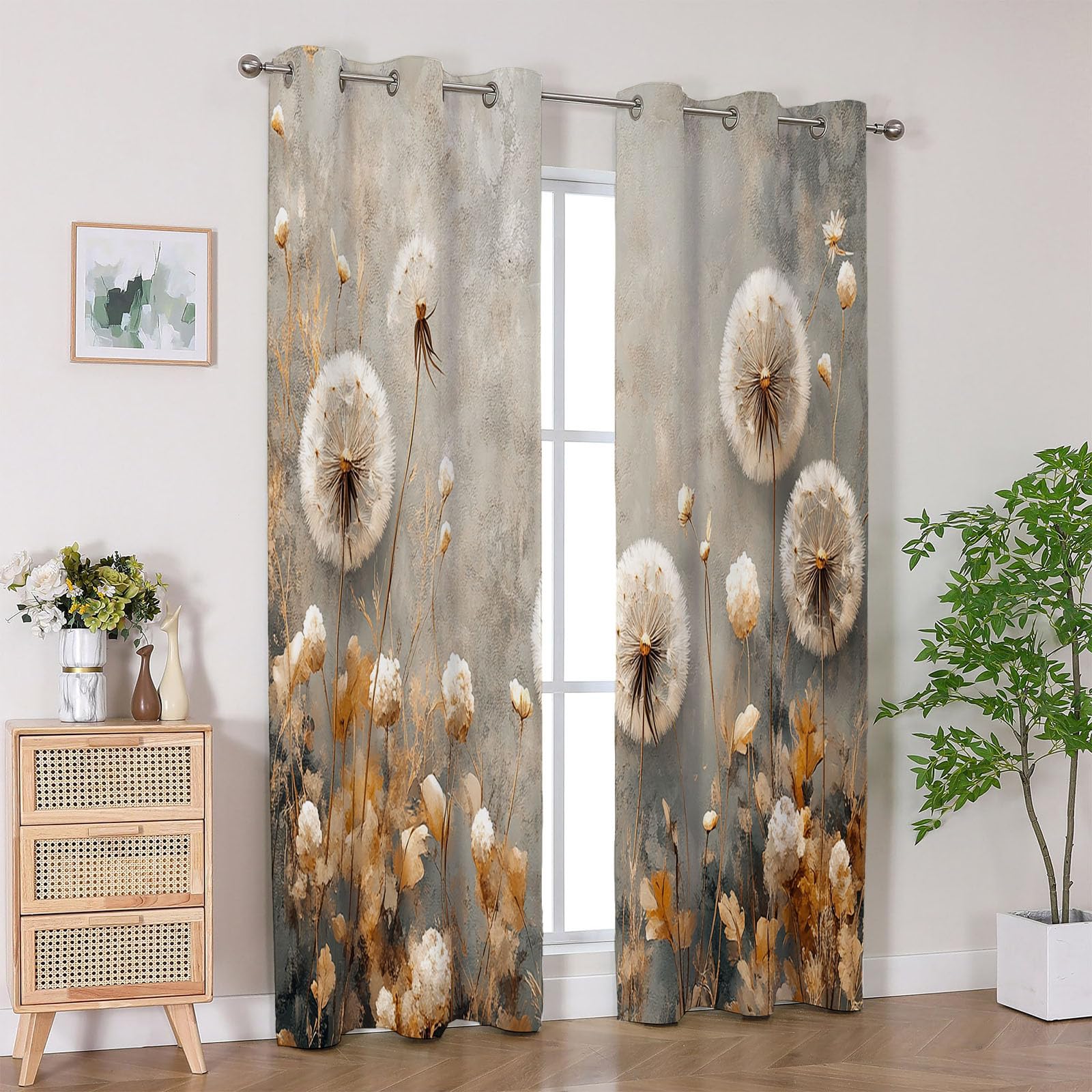 Vorhänge Blumen Muster Goldenes Blumenmuster Vorhänge mit Ösen für Wohnzimmer Botanisch Halbtransparent Ösenvorhang für Bauernhaus Schlafzimme-H230 x B130 cm (2er Pack)