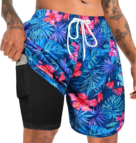 MaciRept Men's Swim Trunks with Compression Liner Bathing Suits Swimwear Swimming Board Beach Shorts 7“ Quick Dry Swimsuit