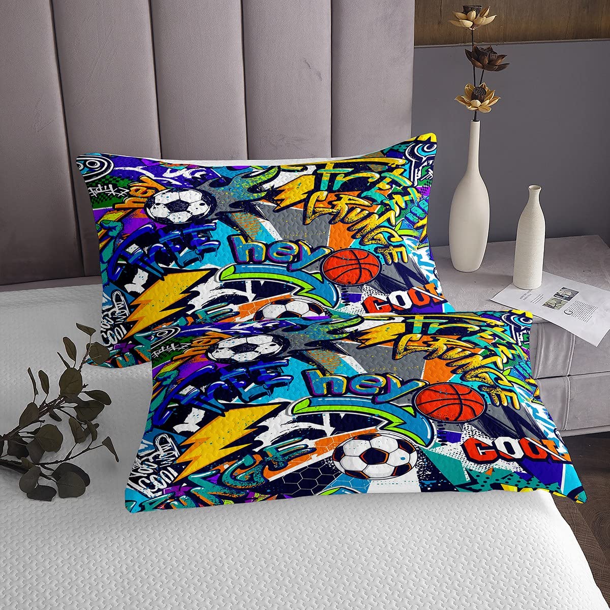 Hip Hop Décor - Copriletto trapuntato trapuntato per bambini, ragazzi, ragazze, in microfibra, trapuntato, per bambini, ragazzi, ragazzi, ragazze, graffiti trapuntati240x220cm