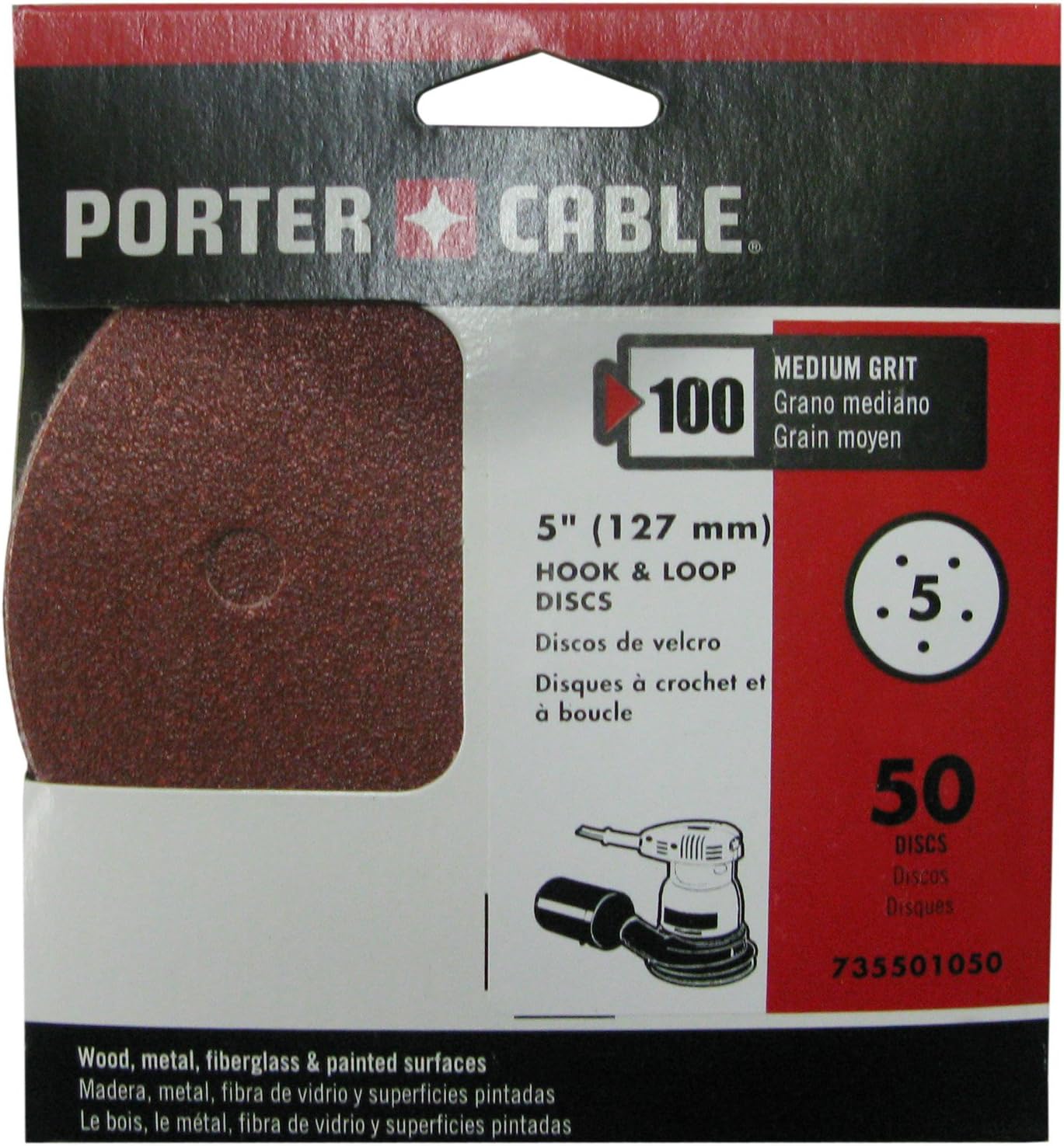 PORTERCABLE 735501050 5Inch 100 Grit FiveHole Hook & Loop Sanding Discs (50Pack) Hook And