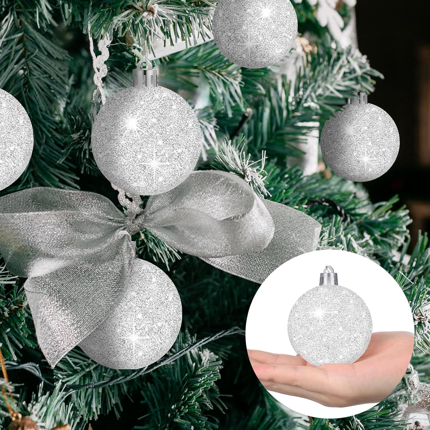 Liliful 36 Pcs Christmas Balls Ornaments Large White Glitter Christmas Balls Plastic