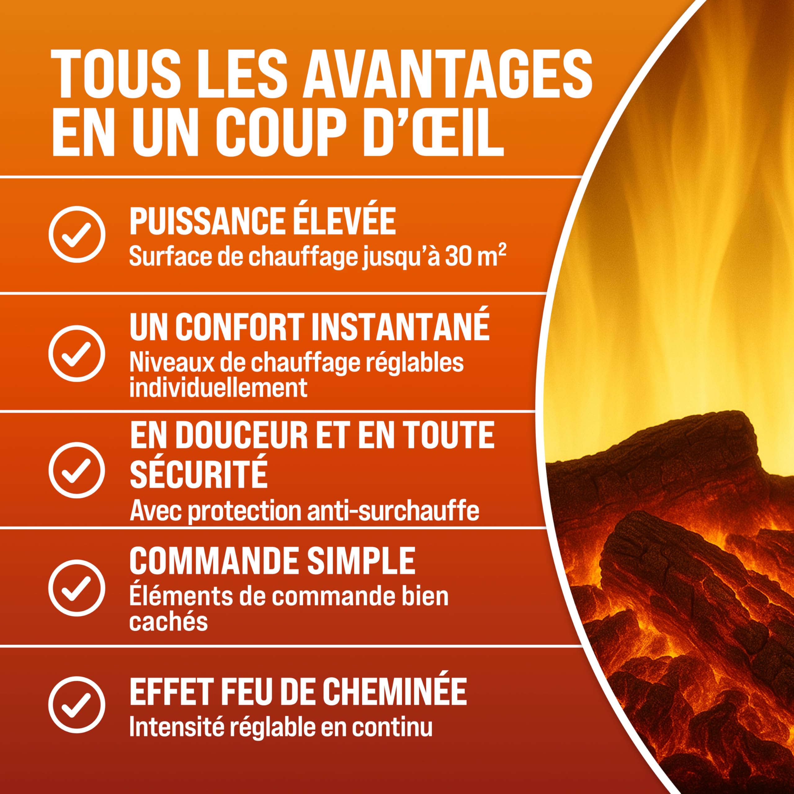DEUBA® Cheminée électrique Effet Flamme 2000 W 2 Niveaux de Chauffage électrique soufflerie radiateur Chauffant LED cheminée décoration Blanc