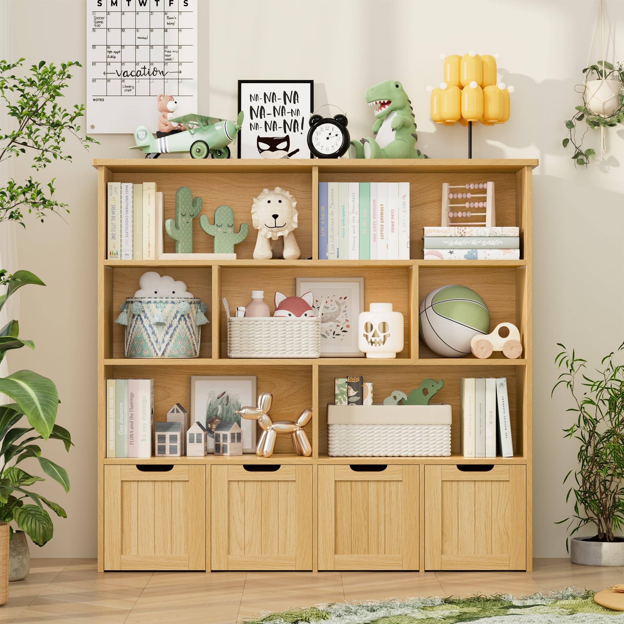 FINETONES Toy Storage Organizer, Kids Bookshelf with 4 Movable Chests and 7 Storage Cubes, Toy Chest Storage Shelf Organizer with Hidden Wheels, Toy Organizers and Toy Storage, Natural