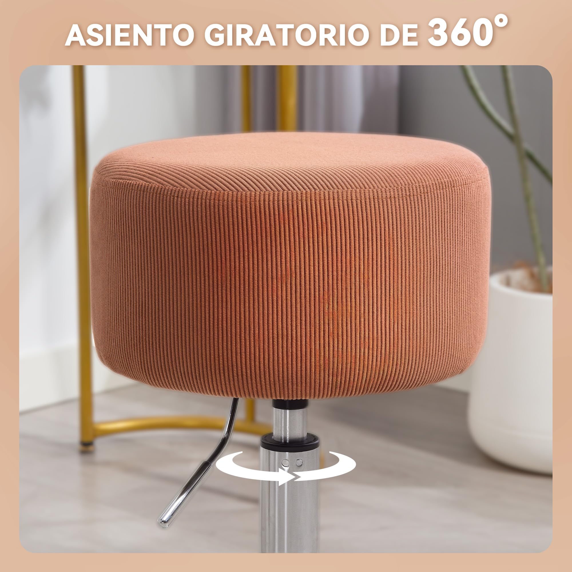 HOMCOM Taburete de Bar Taburete Giratorio Regulable en Altura 52-66 cm Tapizado en Pana Giratorio en 360° Silla Alta para Cocina Comedor Tocador Mostrador Marrón
