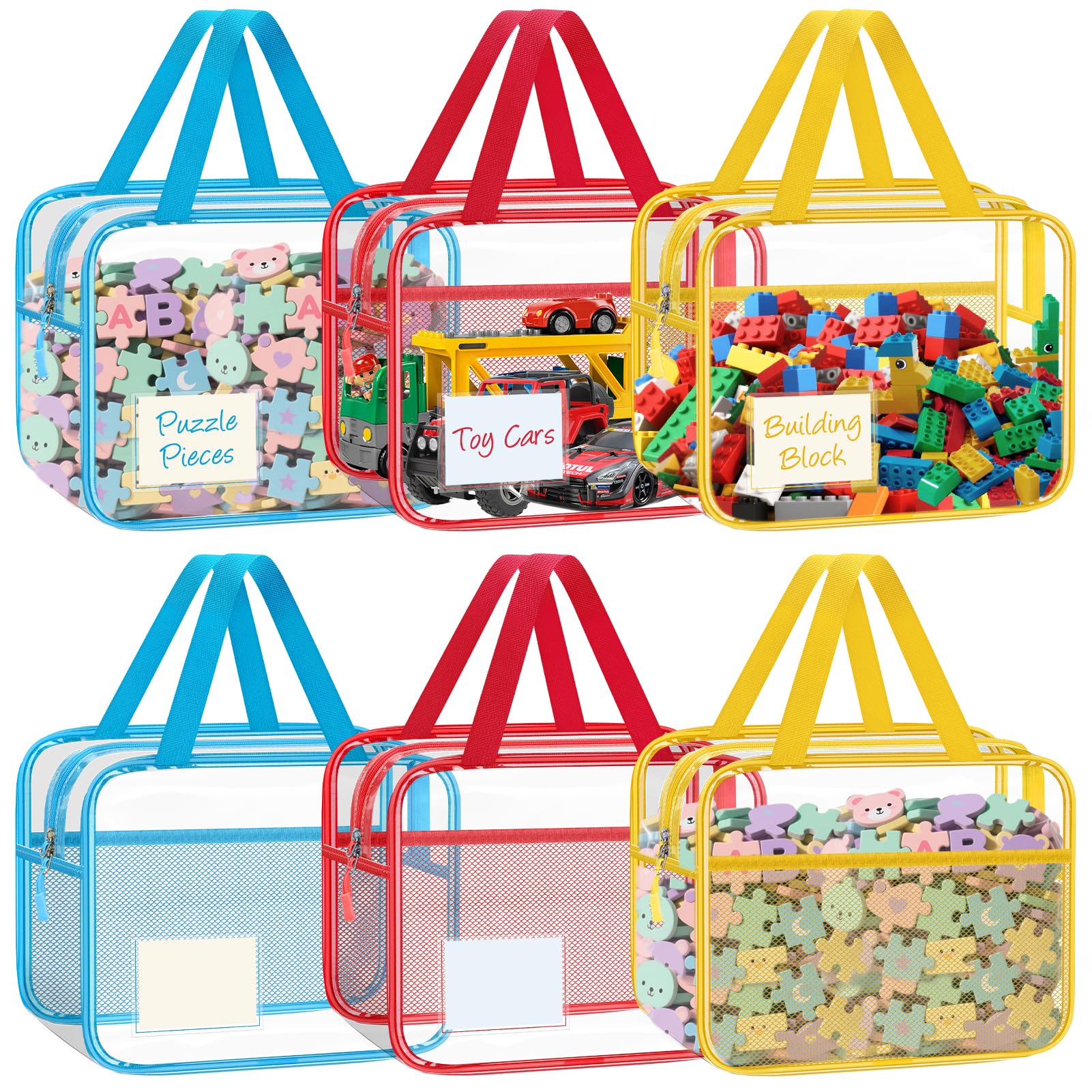 YHANEC 6 Pack Colorful Clear Toy Storage Bags with Name Tag, Double Zippers