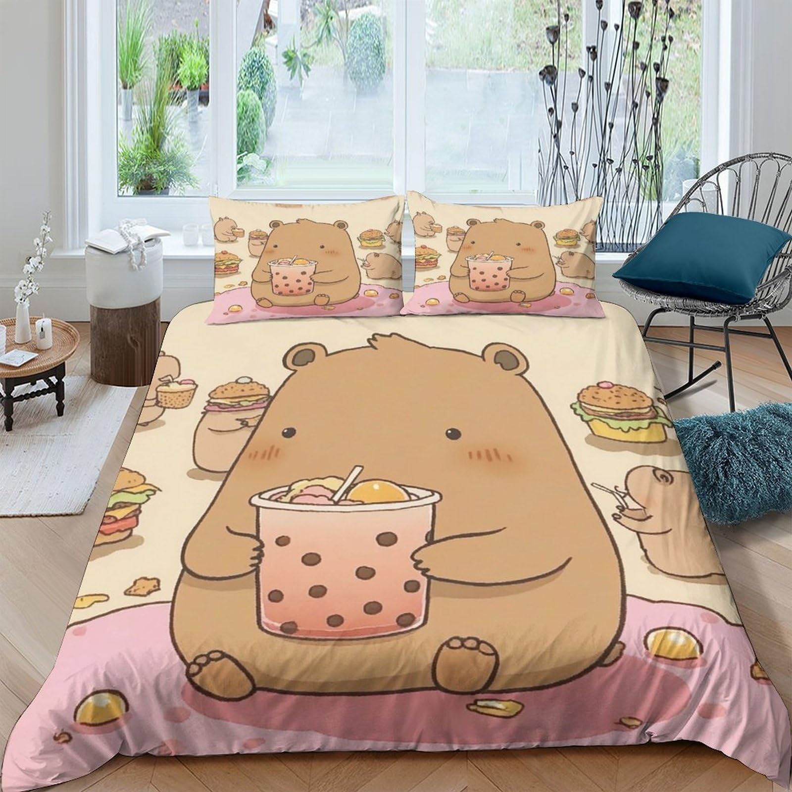 Ctjqhvkz Style-2 3D Printed Cute Bear Fitted Sheet Microfiber Soft Pink Cartoon Bubble Tea Mattress Cover For Bedroom Guest Room Dorm Decor Single（135X200cm）