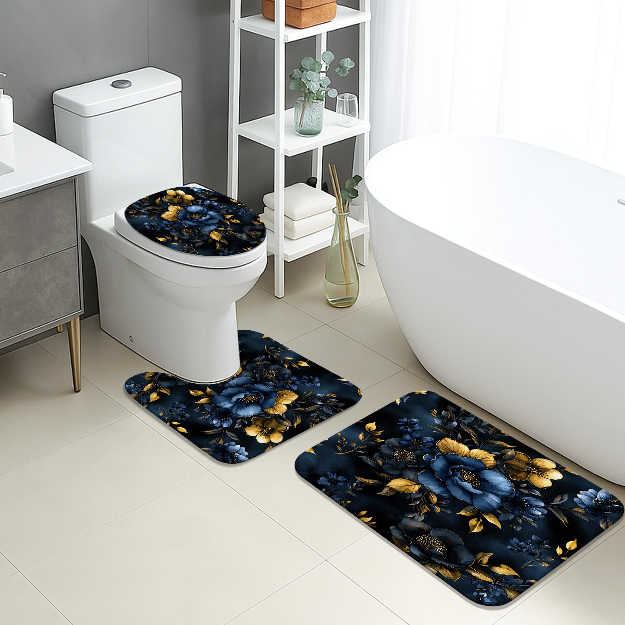 Navy Floral Bathroom Mat Sets 3 Piece, Elegant Blue Flower Leaves Absorbent Non Slip Toilet Rugs U Shaped Washable, Modern Quick Dry Memory Foam Bathroom Rug Set