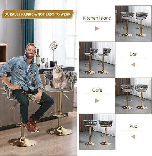 Miniatura 7 de KINFFICT Juego de 2 taburetes de bar giratorios de terciopelo, taburetes de bar ajustables con respaldo tejido, sillas de comedor tapizadas,