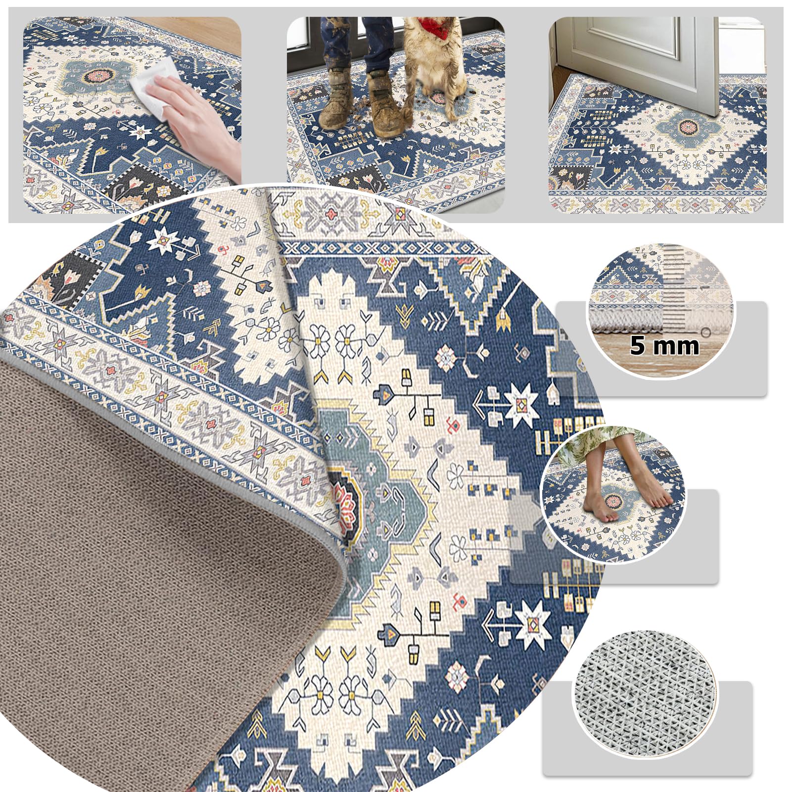 Dywan do salonu, sypialni, styl vintage, 170 x 180 cm, nadaje się do prania, antypoślizgowy dywan do jadalni, biura, z krótkim włosiem, do sypialni, salonu, sypialni, sypialni, pokoju dziennego