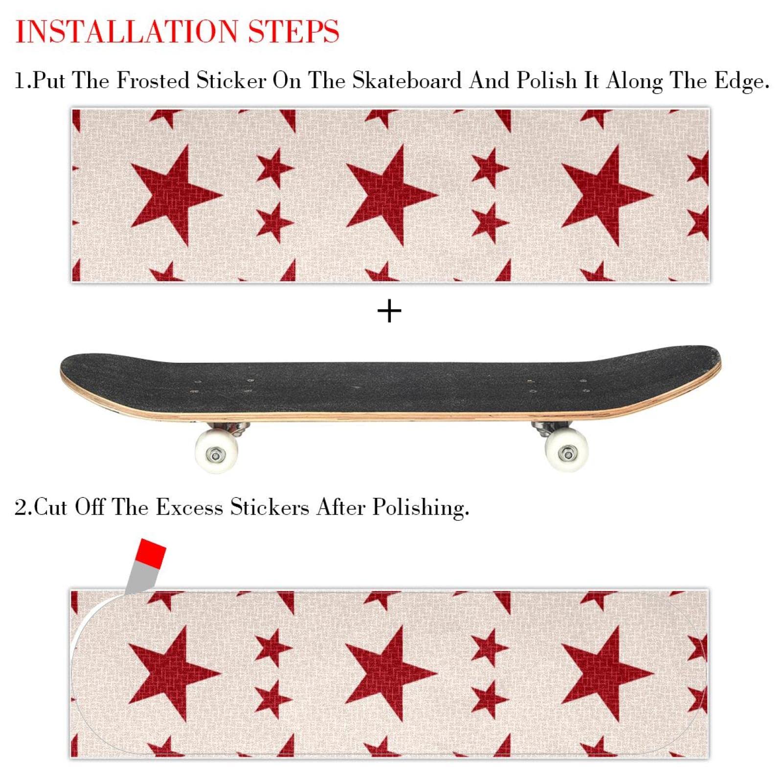 Lot de 2 feuilles de papier abrasif pour planche de skateboard Motif étoiles rouges