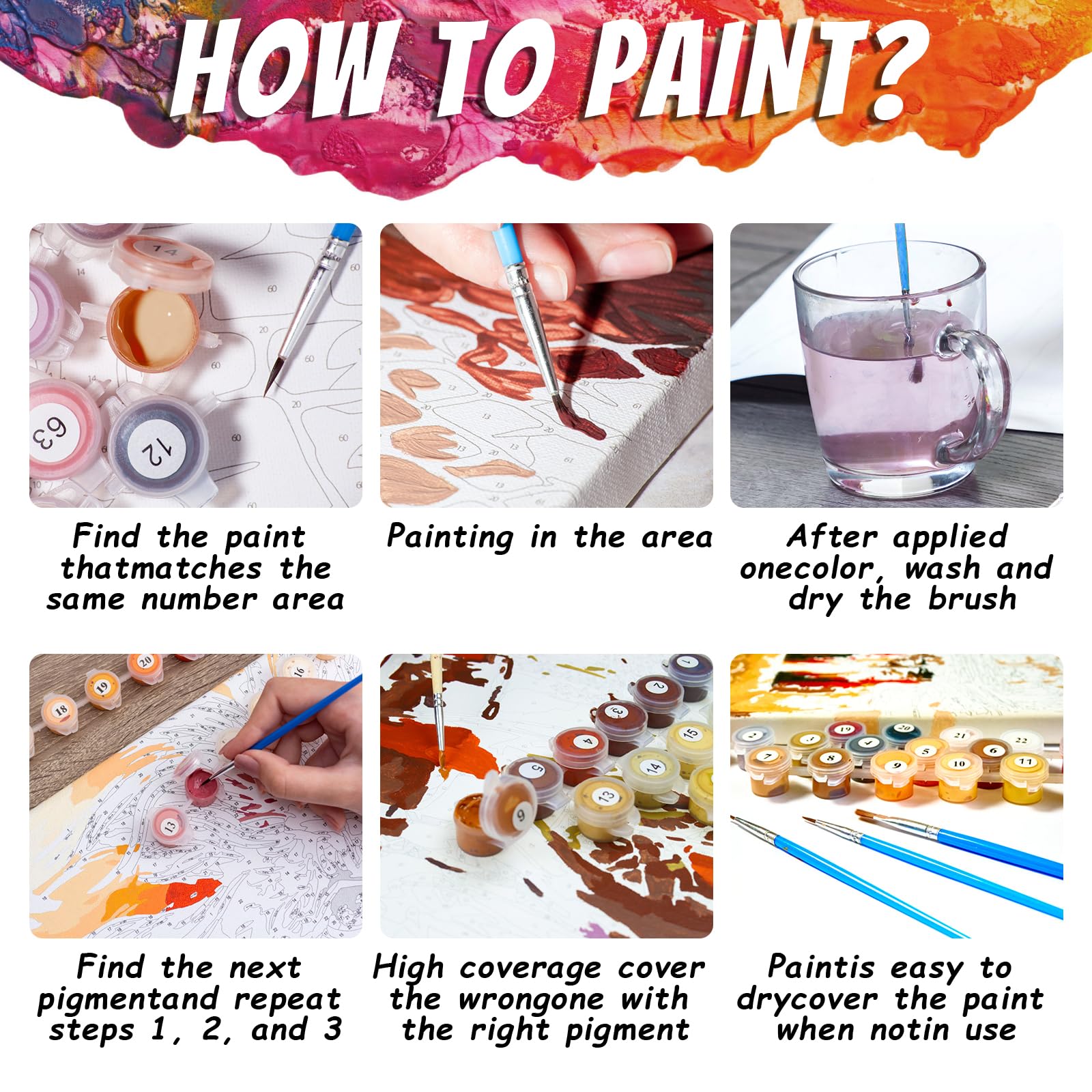 Peinture Numéros Enfant – 6 Animaux – Kit DIY Toile 20x20 Cm – Pinceaux Et Peintures Inclus – Sans Cadre