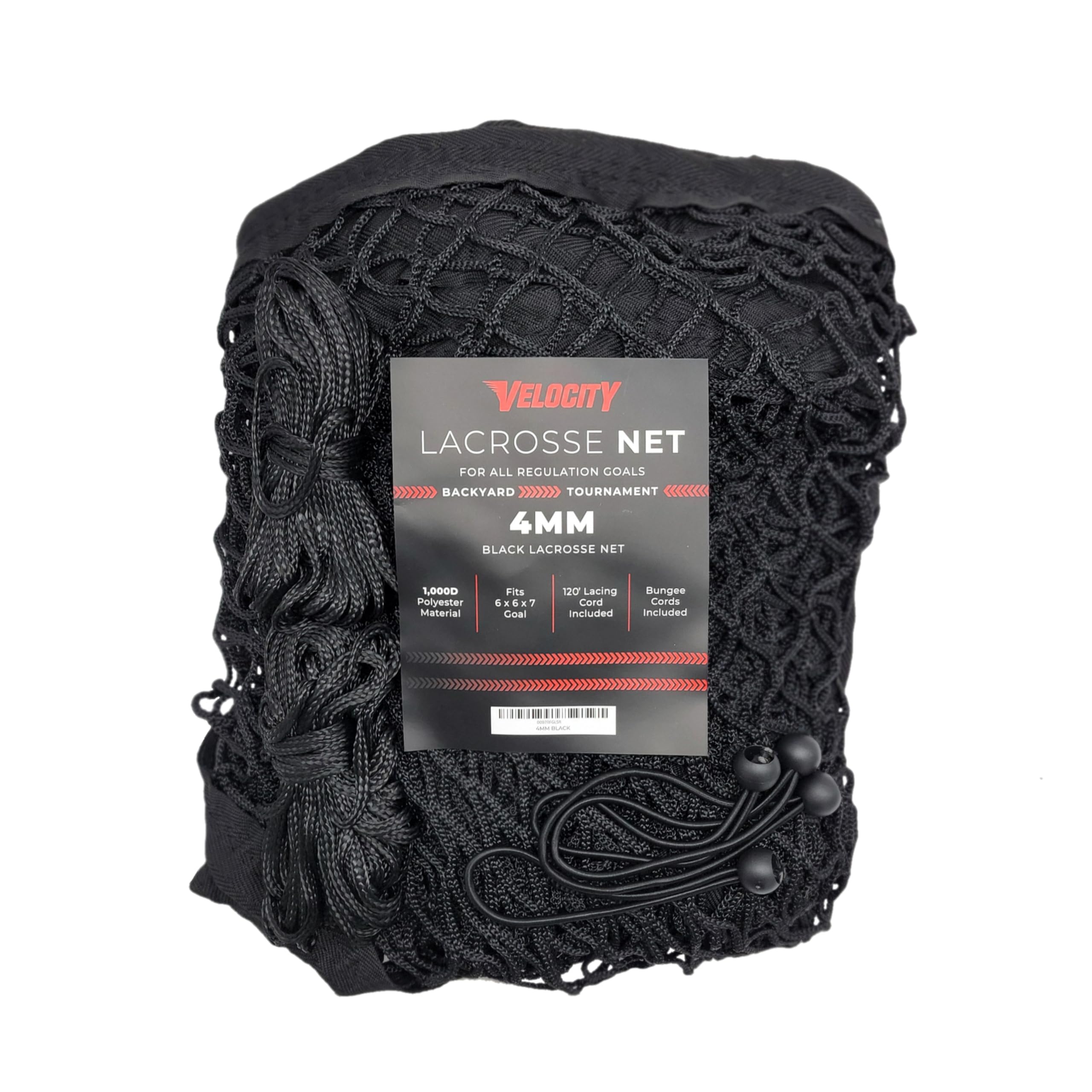 Velocity 4MM Heavy Duty Black Lacrosse Net - Fits 6’x6’x7’ Goals - Weatherproof, UV Resistant 1000D High-Strength Polyester - Comes with 100+ Feet of Lacing Cord and 4 Quick Ties