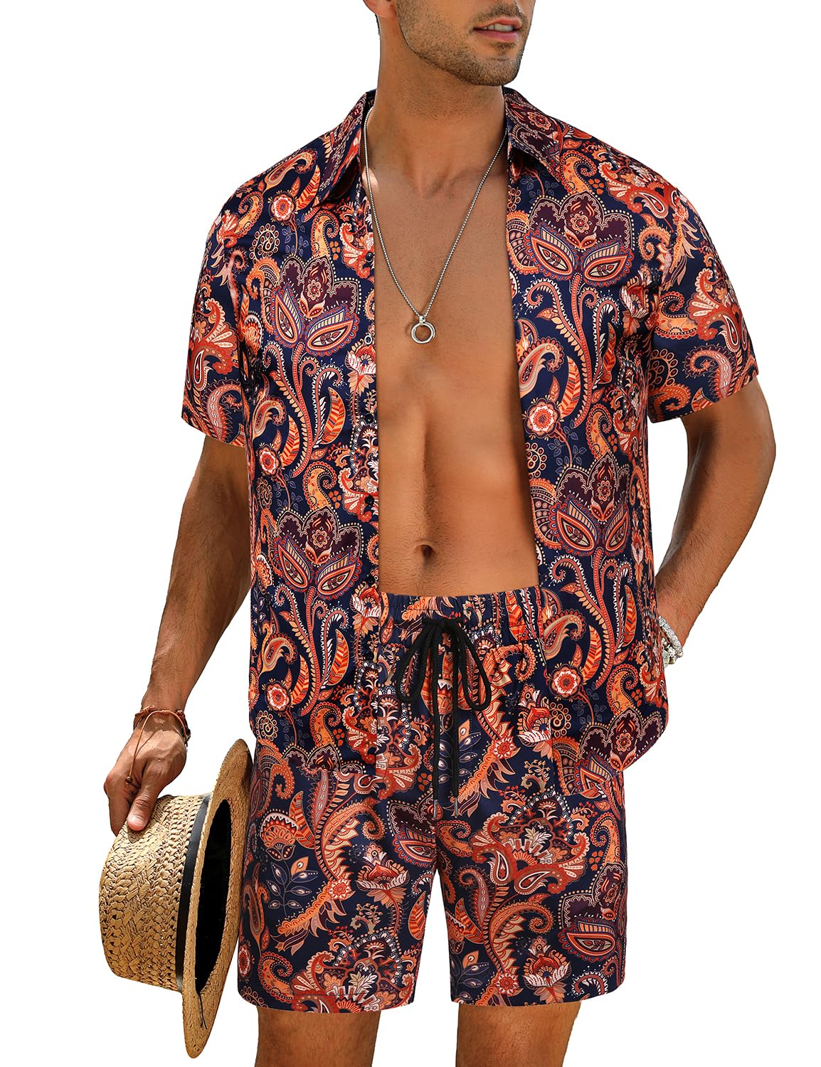 EISHOPEER Men's Flower Button Down Hawaiian Outfit Sets Casual Short Sleeve Shirt and Shorts Suits