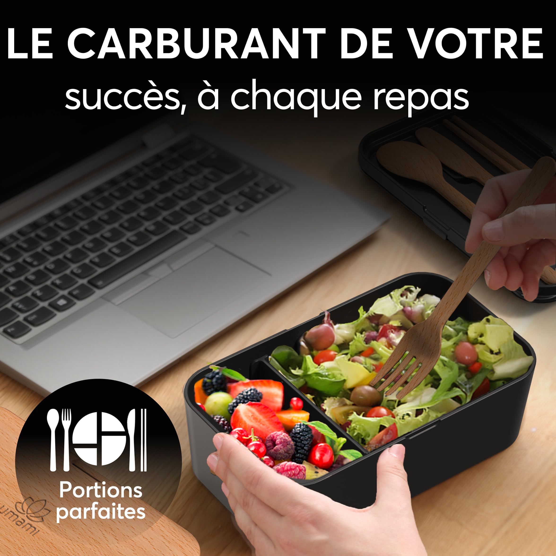 Umami Bento Lunch Box, Couverts & 2 Pots à Sauce Inclus, Boîte Repas Encastrable, Lunchbox Micro-Ondable, Boîte à Lunch Adulte Compartimentée, Bento Box, Hêtre Noir, 1500 ml