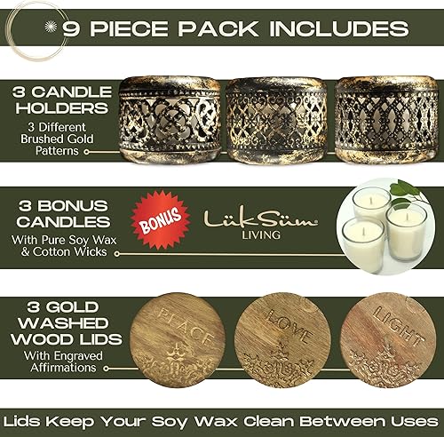 Miniatura 5 de Juego de 3 velas de regalo en negro ébano y oro cepillado. Portavelas pequeños con 3 velas de té de cera de soja en vidrio, 3 patrones únicos