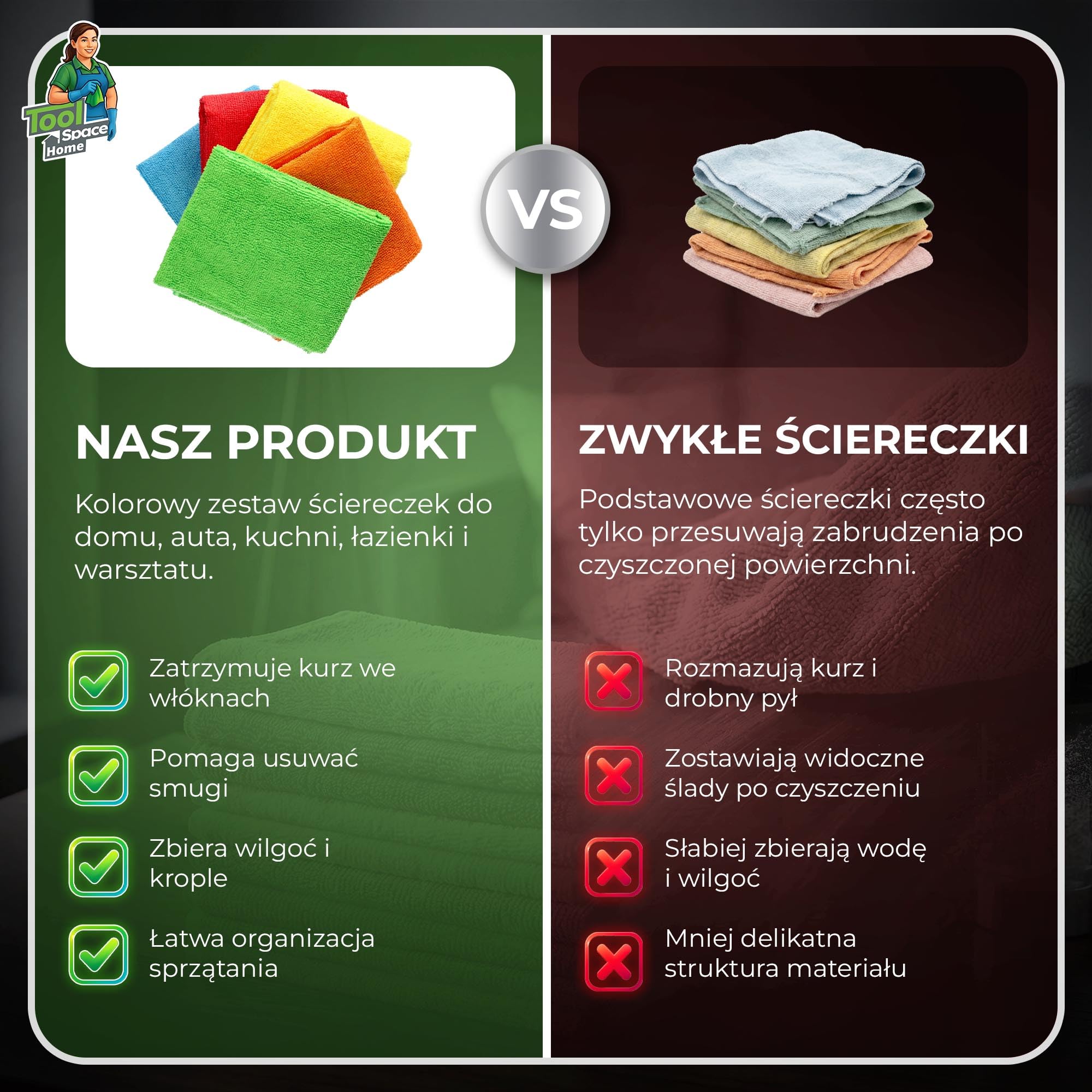 ToolSpace Ścierki z Mikrofibry 50x60cm 5 szt. Duże Ściereczki do Sprzątania Kuchni Łazienki Szyb Auta Mebli Chłonne Wielorazowe Miękkie Bez Smug Uniwersalne do Domu i Samochodu Mikrofibra Premium XL