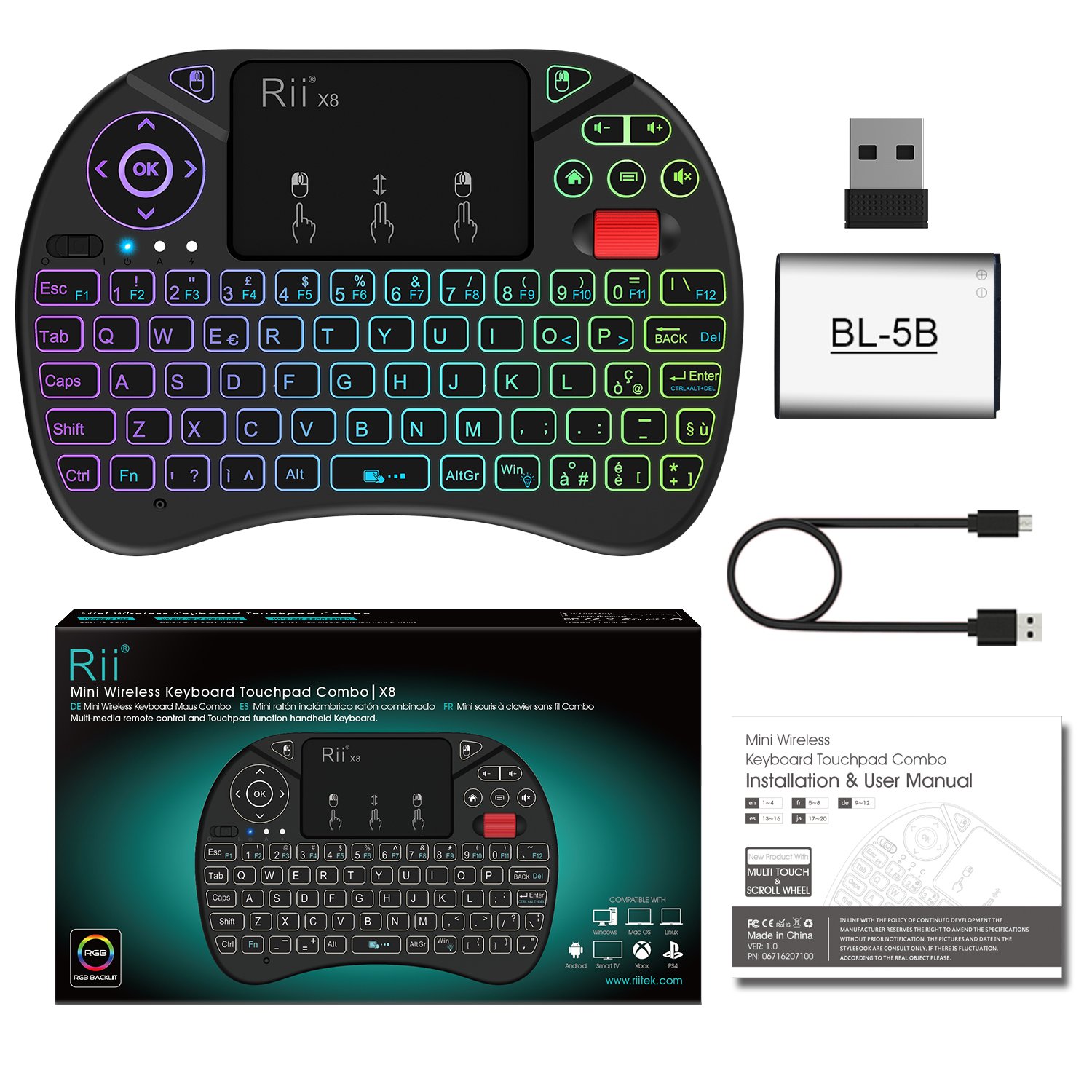 Rii Mini X8 Wireless - Tastiera Retroilluminata Con Layout Italiano, Mouse Touchpad e Rotellina di Scorrimento per Smart TV, TV Box, PC, Computer, Console