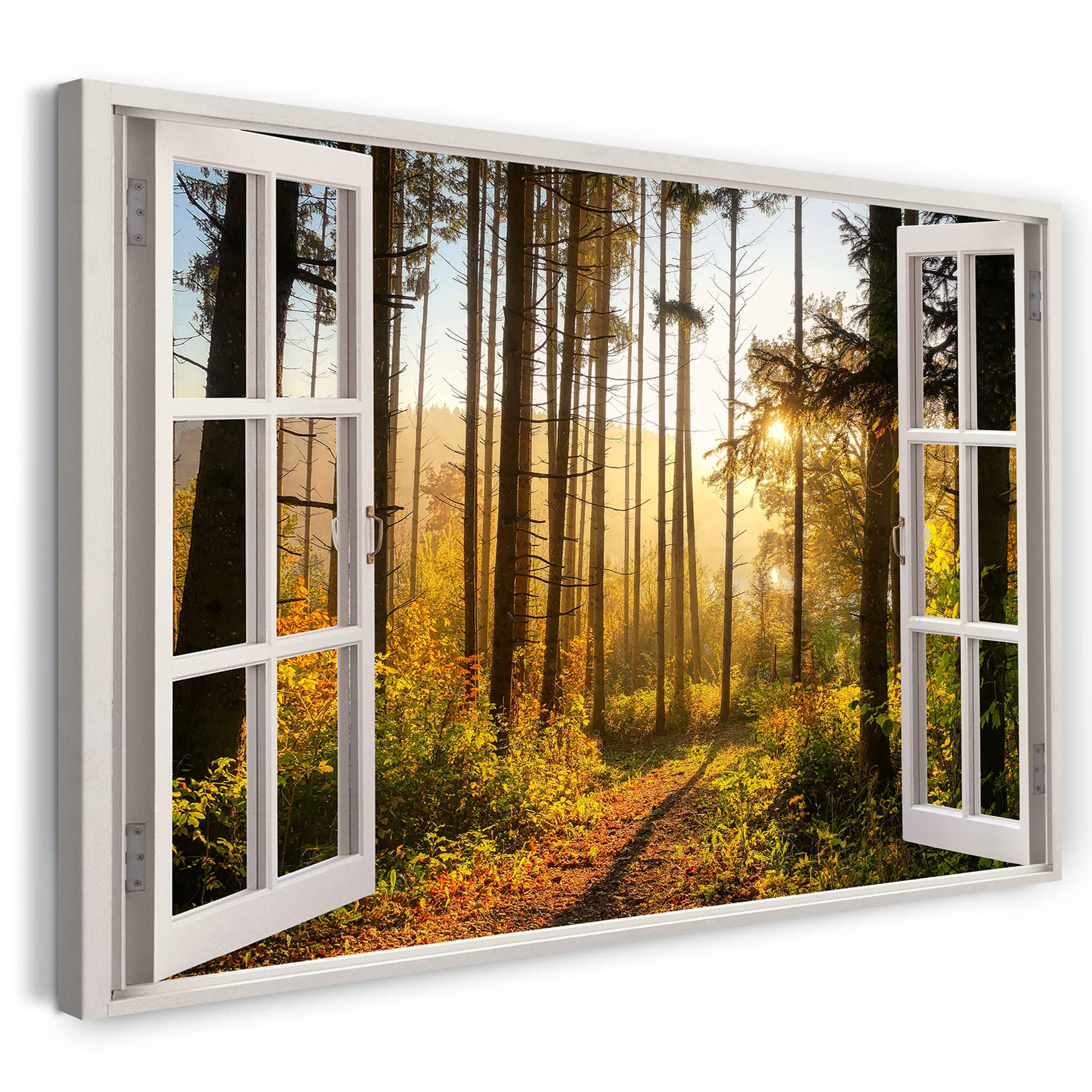 Printistico #11 Print On Canvas (120X80 Cm) View From The Window - Sun Rays Forest Nature Fog - Nature Photography, Real Wood Frame With Hook