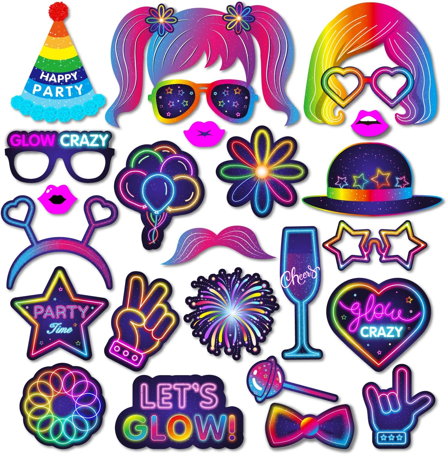 GORVELL 25pcs Photo Booth Props Neon Party Decorations,Glow in the Dark Selfie Props Neon Party Accessories for Christmas, Carnival,New Year,Neon Birthday Party