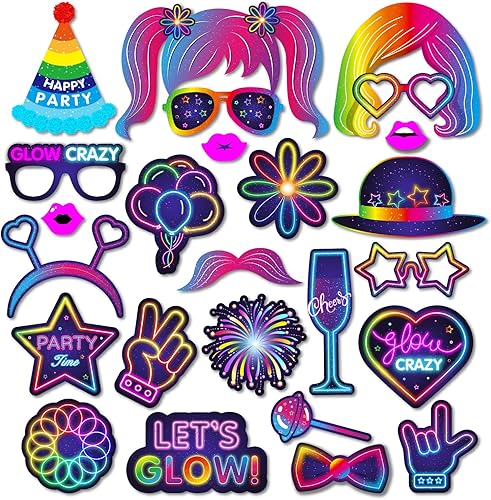 Accesorios para cabina de fotos de fiesta de colores brillantes, paquete de 25 decoraciones temáticas de neón y accesorios para celebraciones de