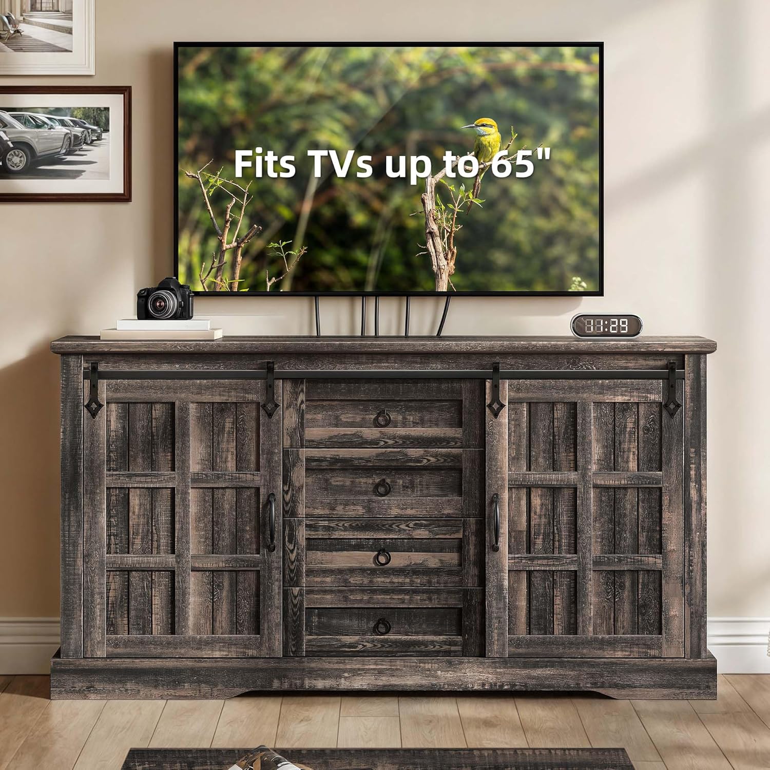 DWVO Farmhouse Sideboard Buffet Cabinet with Storage, Large Kitchen Storage Cabinet w/Sliding Barn Doors and Drawers for Dining Room, Living Rool, Dark Rustic Oak Dark Rustic Oak Sliding Barn Doors