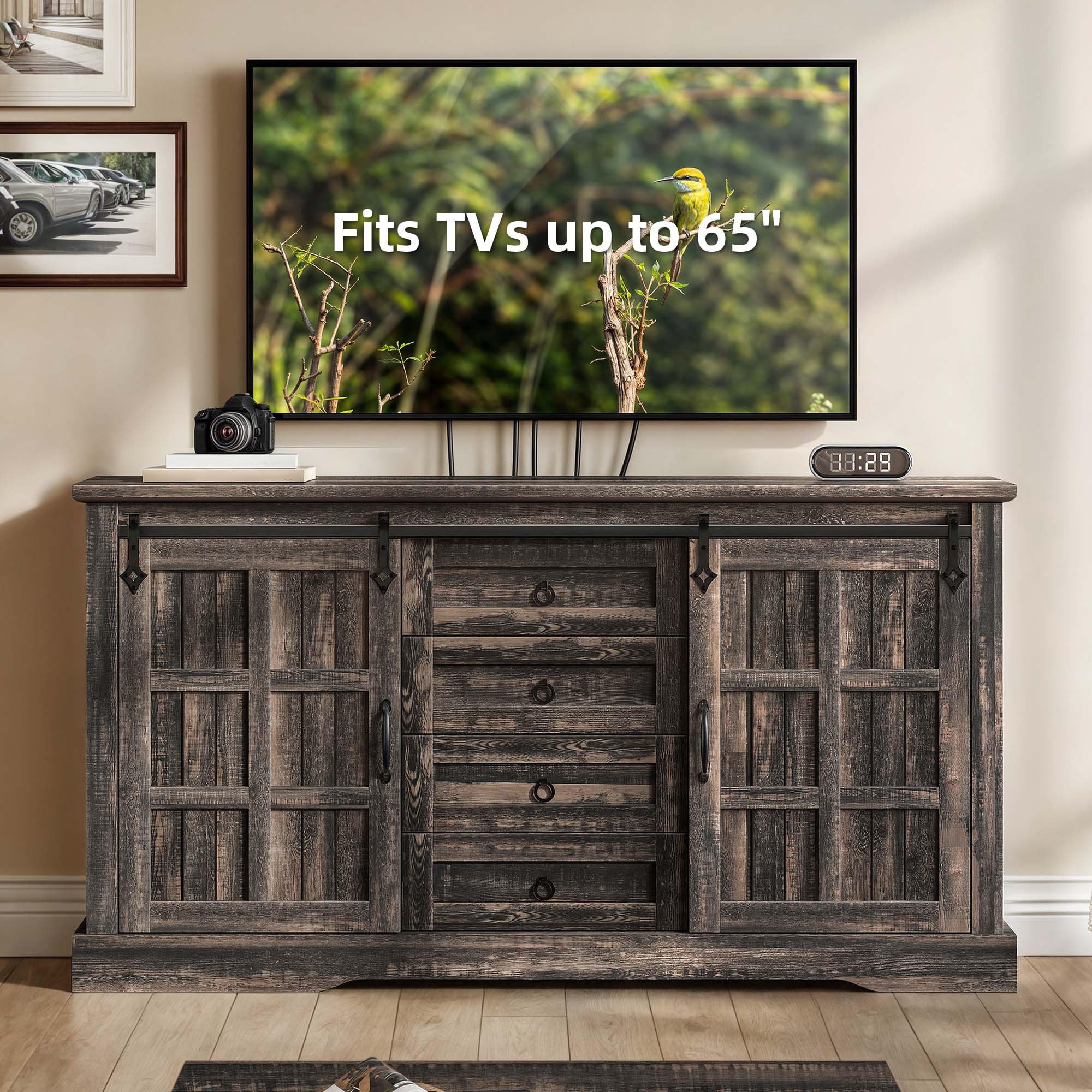 DWVO TV Stand for TVs up to 65 Inch, Farmhouse Entertainment Center with 4 Drawers and Sliding Barn Doors, Rustic Media TV Console Table for Living Room, Dark Rustic Oak