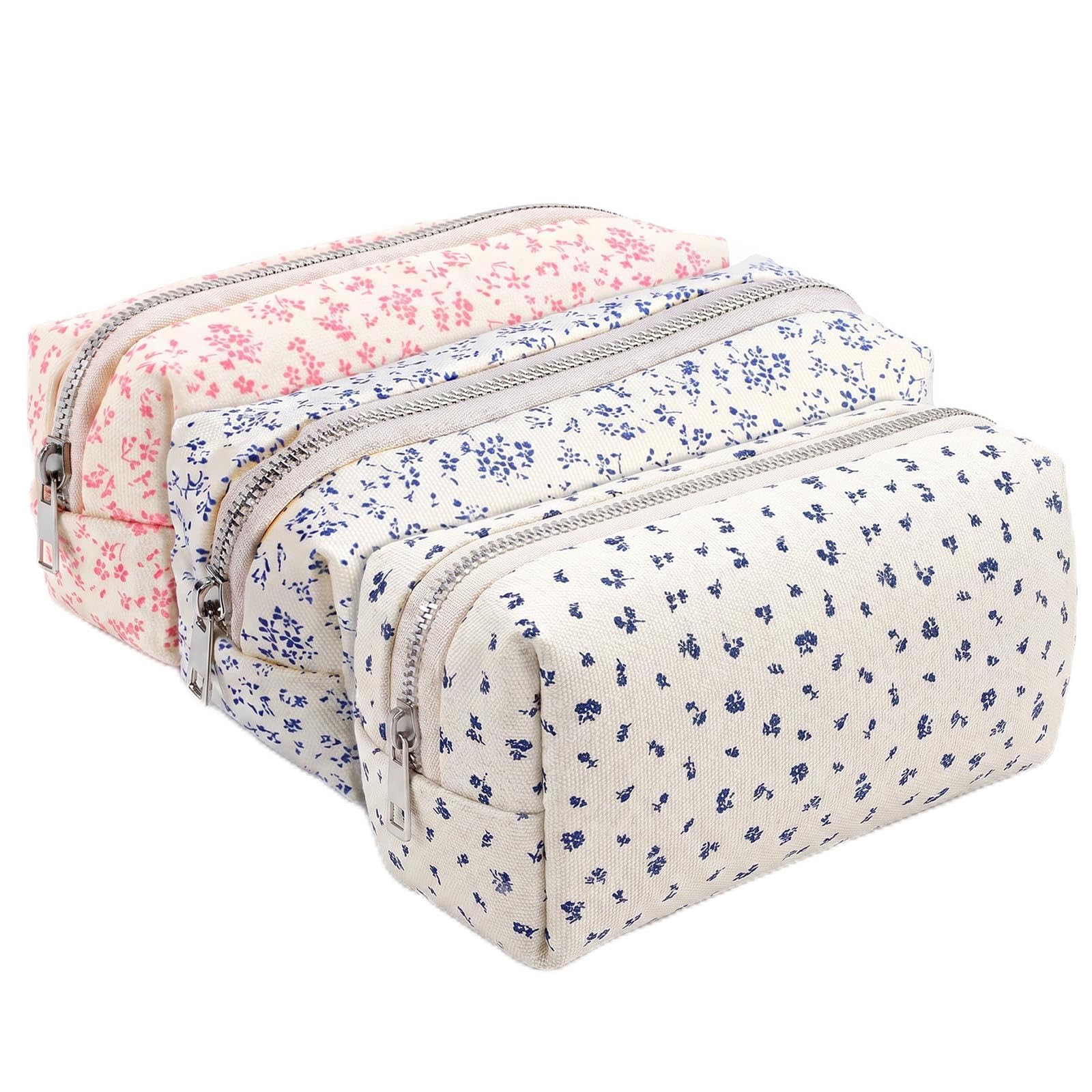 XLIUAX 3 Pcs Floral Pencil Case, Cute Fabric Pencil Bag Portable Aesthetic Flowers Pencils Pouch with Zipper for Girls Office College Storage Makeup Pouch