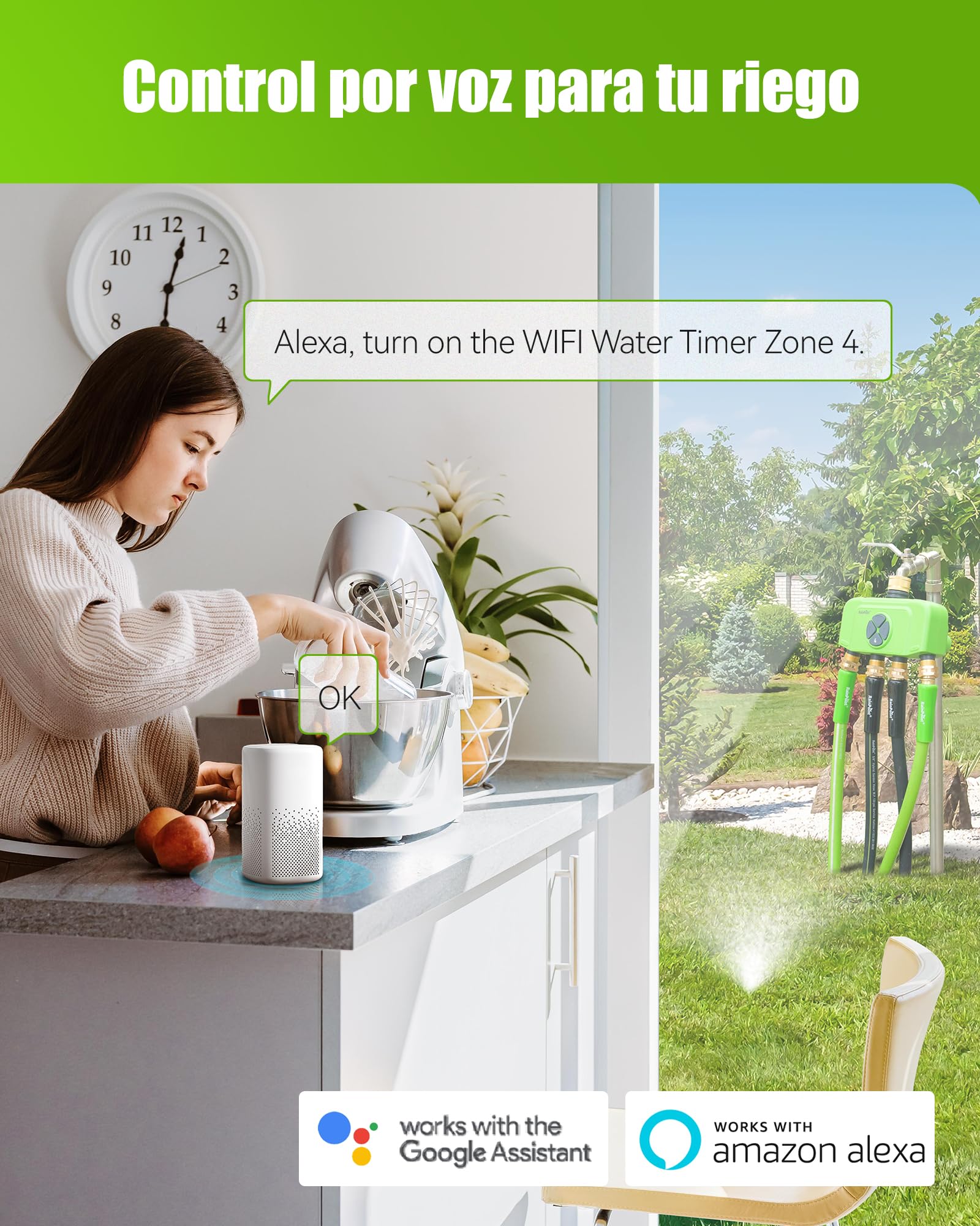 RAINPOINT Programador de Riego WiFi 4 Zonas con Hub, Temporizador de Riego Inteligente con Medidor de Flujo, Entrada/Salida de Latón, Compatible Alexa/Google, para Jardín y Césped