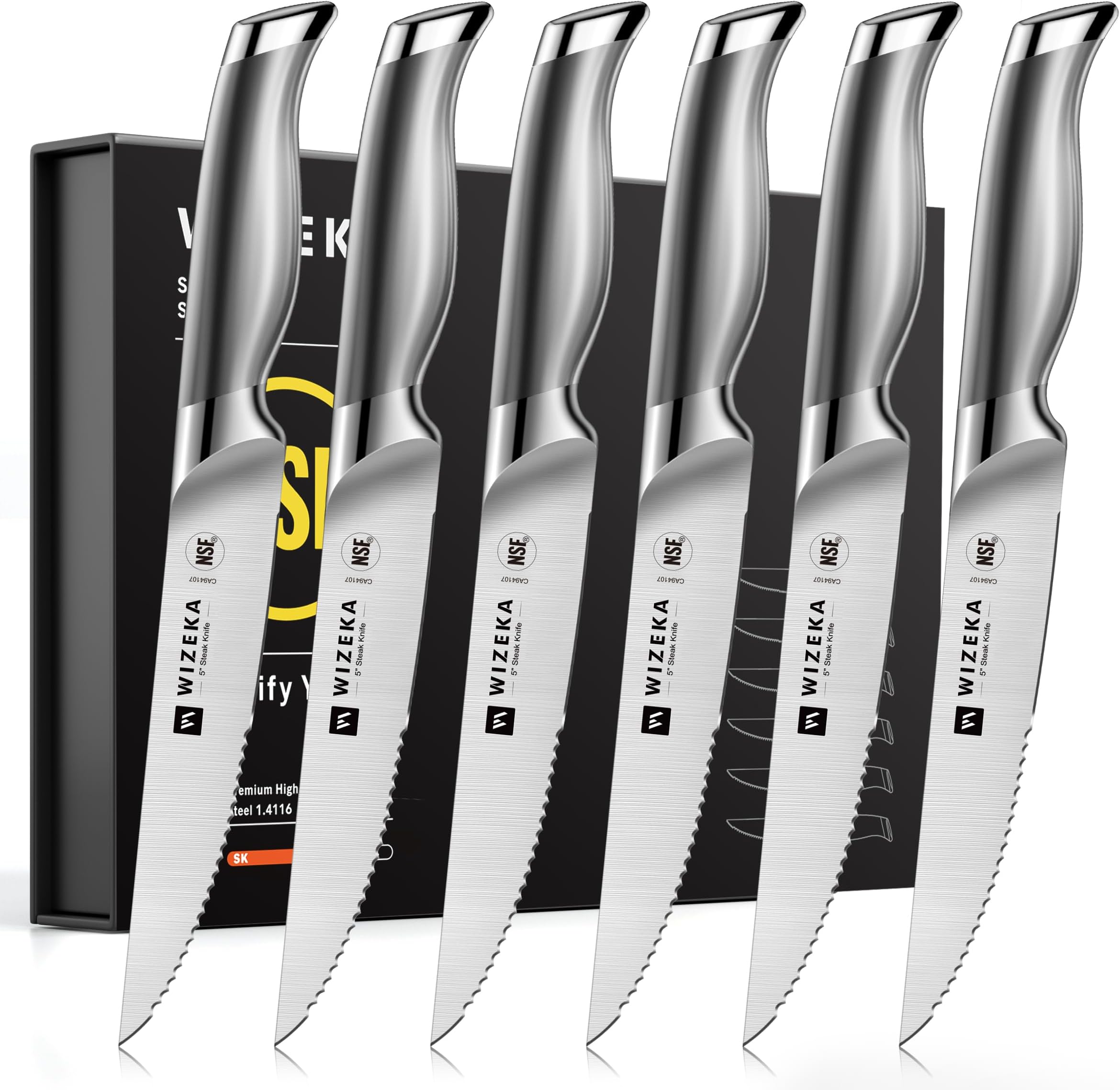 WIZEKA Steak Knives Set of 6 - German Stainless Steel - 5 Inches Serrated Straight Edge Steak Knife Set, One Piece Design Knife Set of Steak with Box, Silver Wings Series