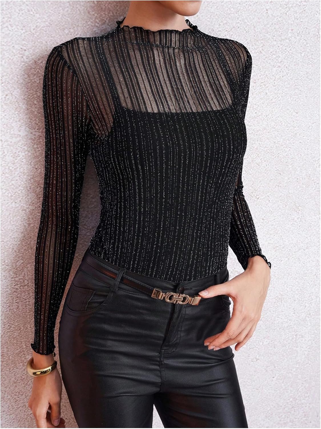 SHENHE Women's Sparkly Sheer Mesh Shirt Striped Long Sleeve Slim Fit Party Evening Top - Image 2