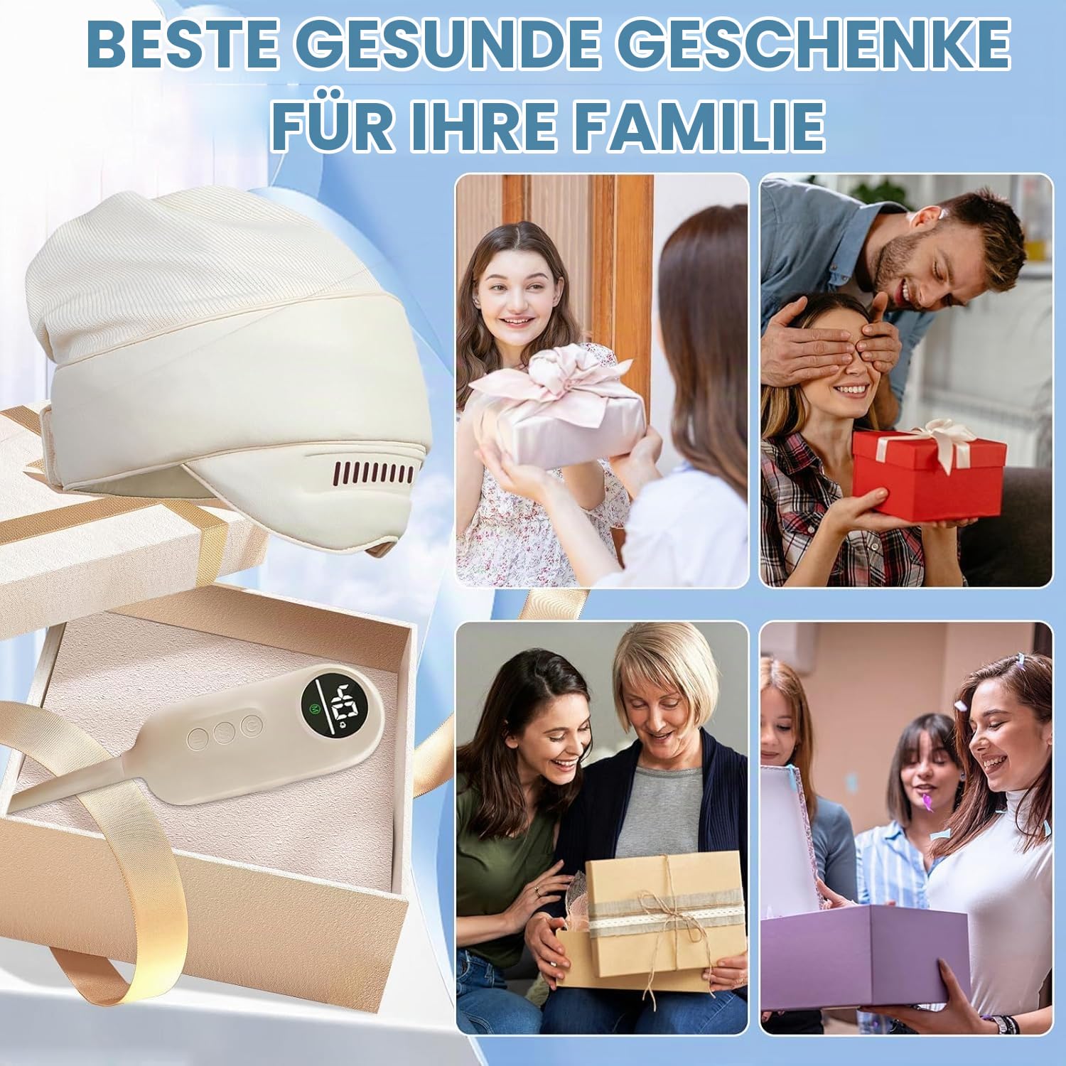iKeener Elektrisches Kopfmassagegerät,360°Abdeckung Tragbare Kopf,Augen,Nackenmassagekappe mit Hitze,Kneten,Drücken,4 Einstellbaren Modi,Linderung Schmerzen,Angstzuständen,Stressentspannung,Tiefschlaf