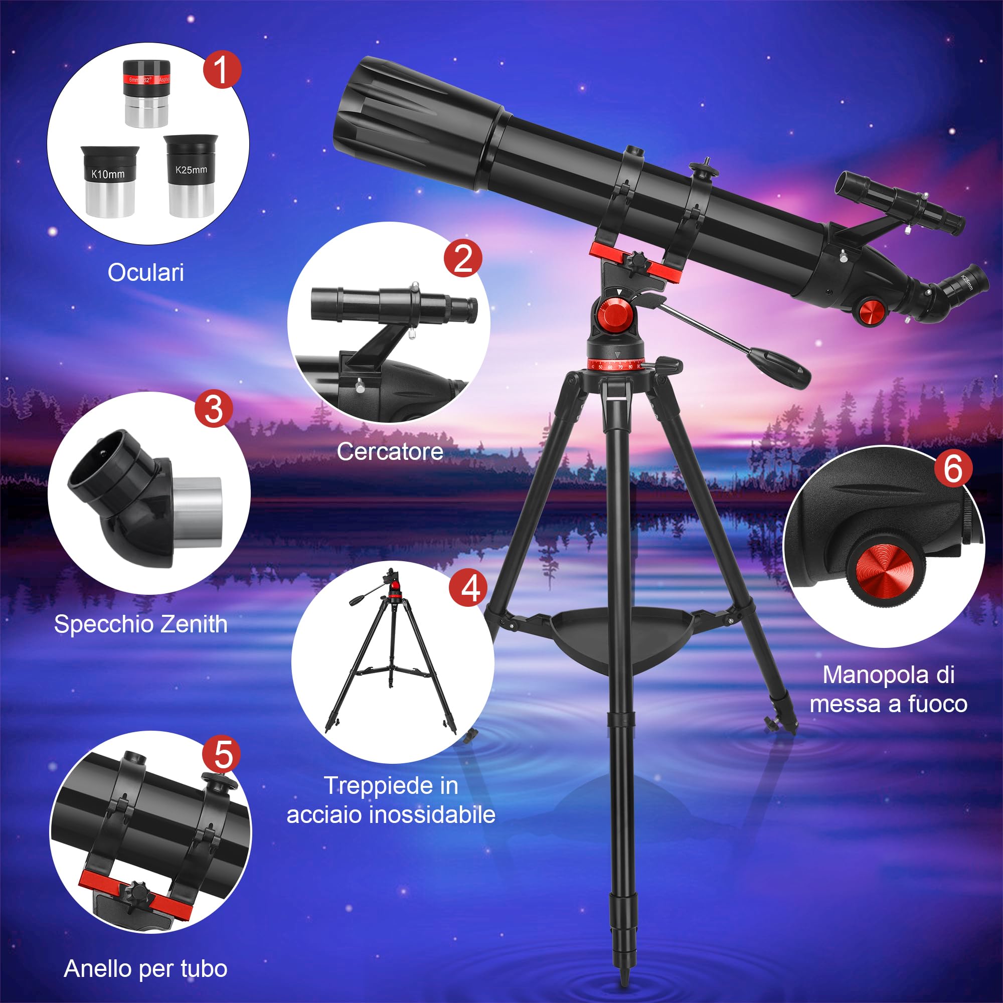 HETEKAN Telescopio, Telescopio Astronomico Professionale, 90/900 mm (36X-450X) Telescopios Rifrattore per Adulti Bambini e Principianti, per Osservazioni Planetarie, con Adattatore per Cellulare