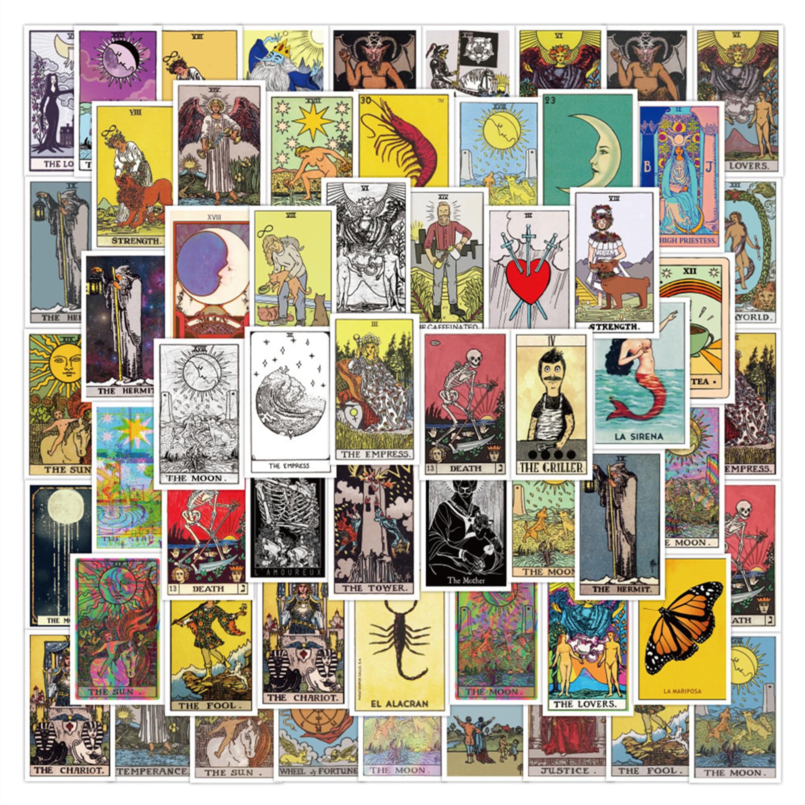60Pcs Tarot Stickers for Laptop,Water Bottle,Skateboard Phone Aesthetic Future Love Fortune Waterproof Vinyl Myth Magic Astrology Divination Sticker