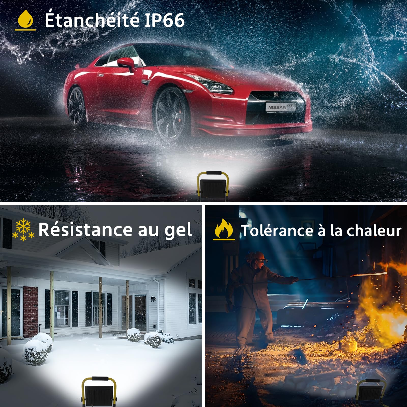 Projecteur de Chantier Led 30w, Lampe de Chantier 3240 Lm, Lampe Chantier Portable 6000k Lumière du jour Blanche, Ip66 Étanche, Prise Ue Lampes de Chantier Avec Fil de3,5m pour Atelier, Garage, Jardin
