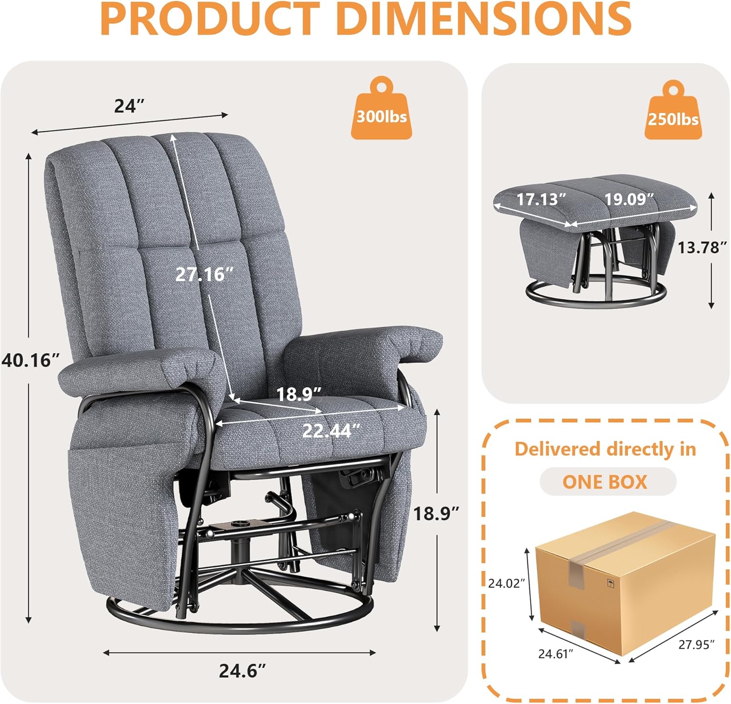 JIASTING 360° Swivel Recliner Chair with Ottoman & Double Side Pockets, Nursing Glider Rocking Recliner Chair, Gliding Chairs for Nursery, Living Room, Bedroom, Office (Gray)