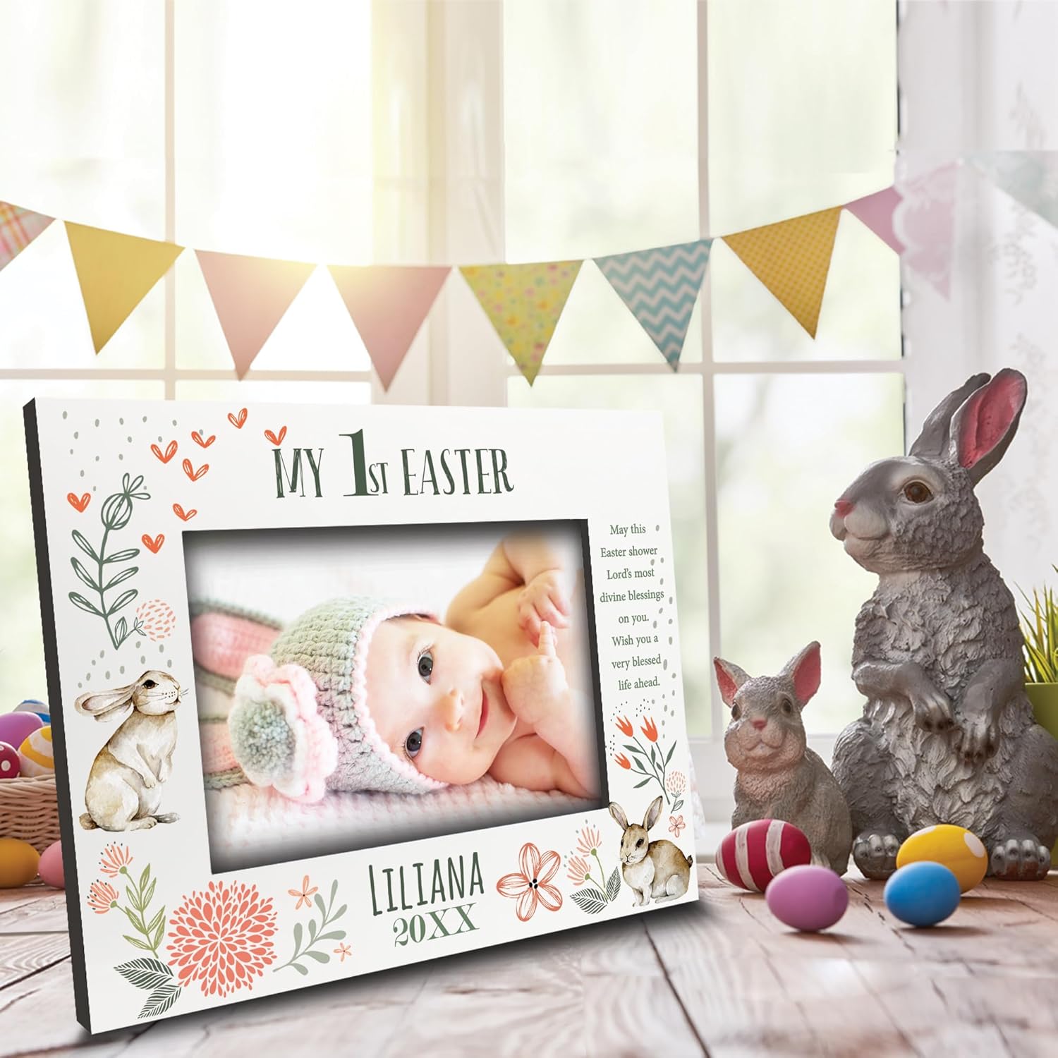 BELLA BUSTA- Personalize Baby First Year Memory Keepsake Picture Frame-Nursery Decor (1st Easter (5x7 Horizontal))