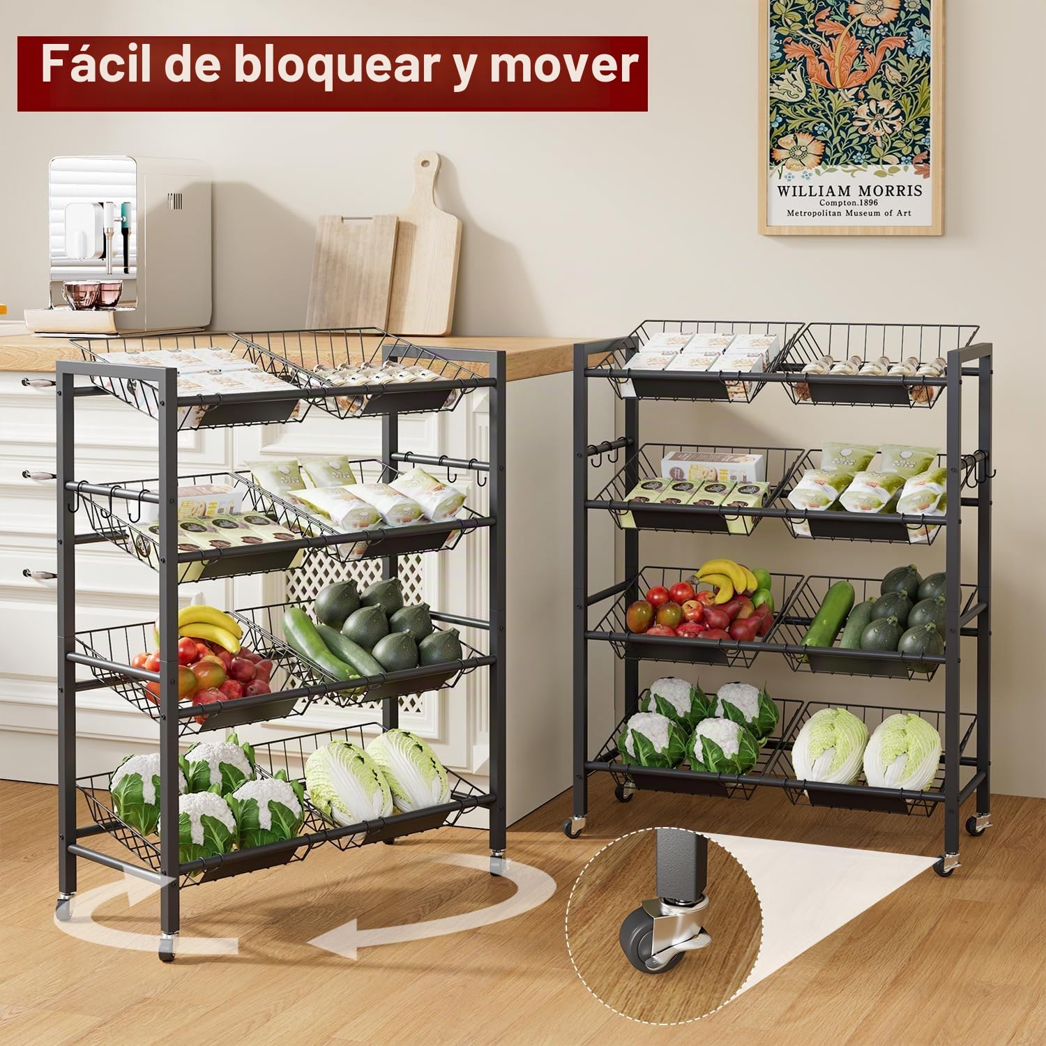 IBUYKE Grande Carrito Cocina Verdulero Frutero,Carro Auxiliar de Metal con 8 Cestas,Carrito Organizador con Ruedas para Vegetales Cebollas Patatas, Negro TLJ025B