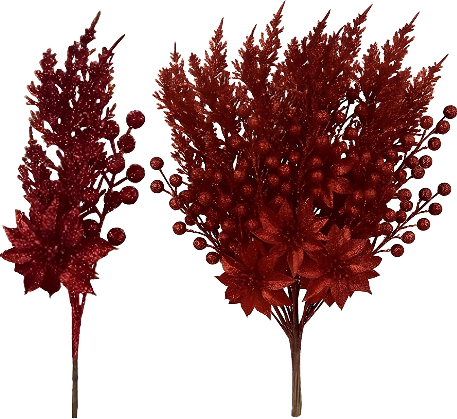 12 Pcs Glitter Christmas Picks Decoration Artificial Berry Branches Pine Needles Spray and Poinsettia Flowers Christmas Tree Ornaments for Xmas Decor Wreaths Wreath Vase Fillers (Champagne)