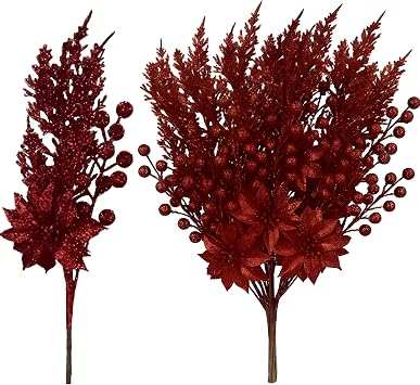 12 Pcs Glitter Christmas Pick Decoration Spray Pine, Burgundy