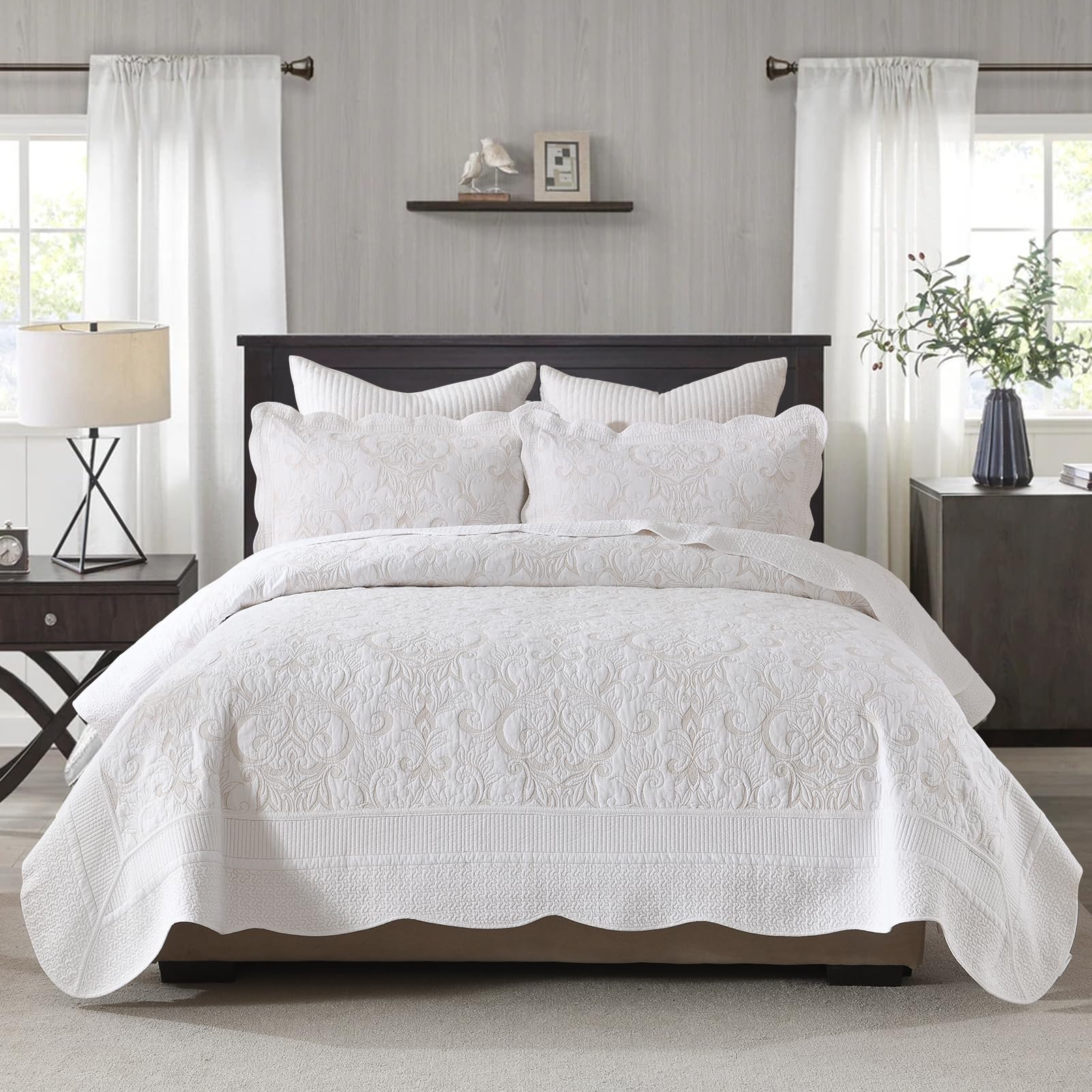 DUOHONG 100% Cotton Quilt Set King Size - Embroidery Quilted Comforter, Floral Damask Vintage King Quilt Bedspreads, Chic Reversible Lightweight