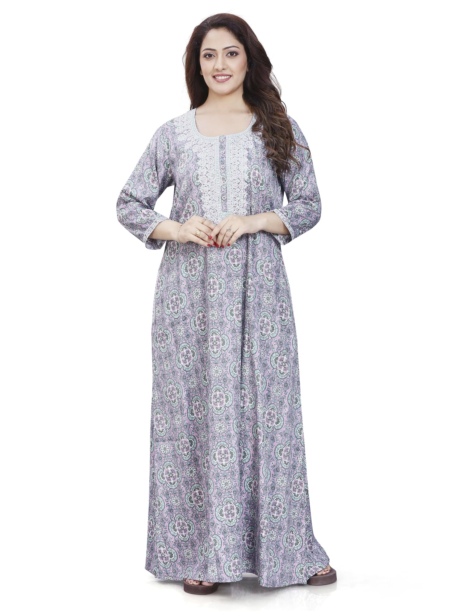 sanaa Women's Full Length Elegant Embroidered Rayon Nighty with Pockets (EN-123)-picture-39