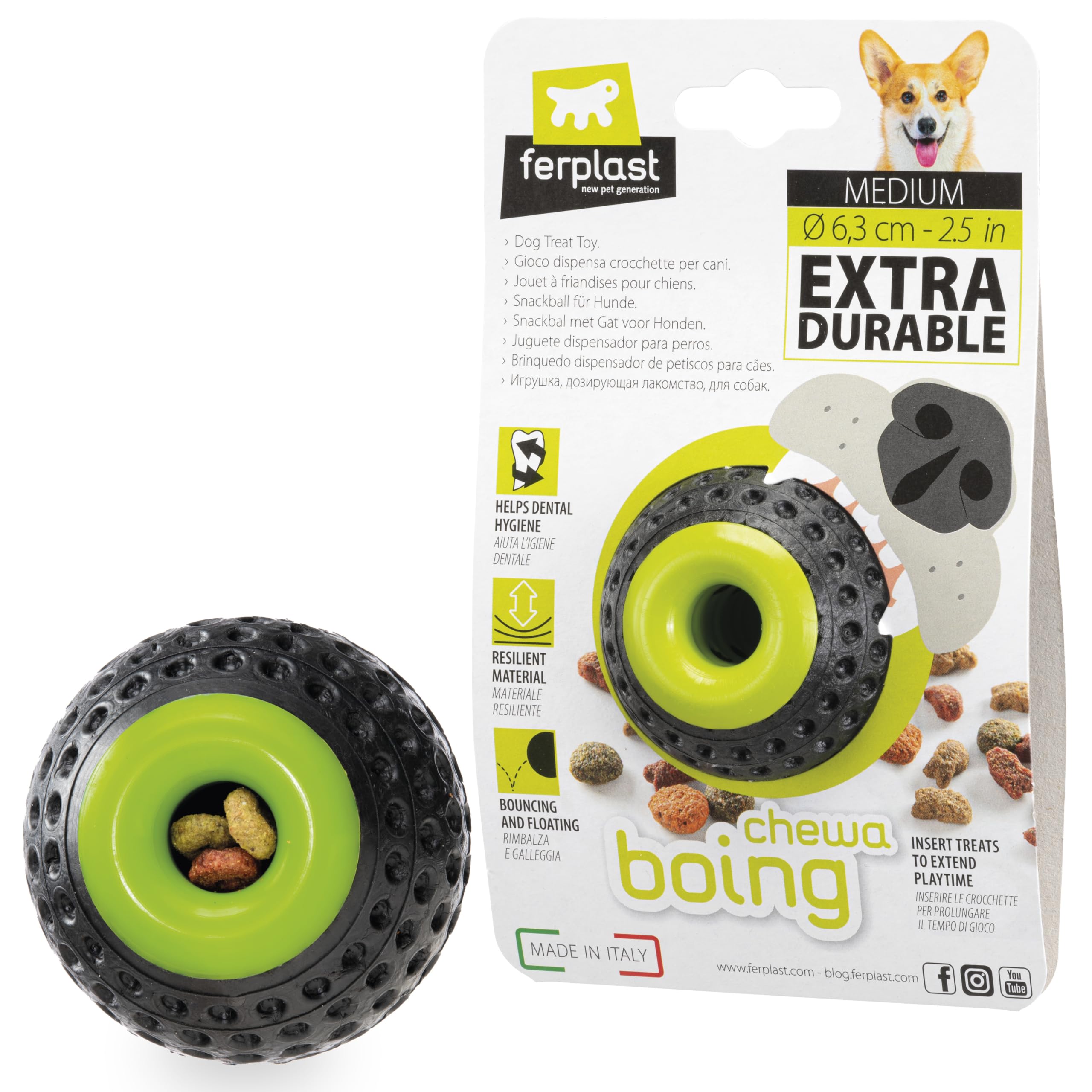 Ferplast Gioco Cane, Dispenser Crocchette Cani, in Materiale Durevole, Atossico, Resistente ai Morsi, Igiene Dentale del Cane, Rimbalza e Galleggia, CHEWA BOING Pallina Porta Crocchette Cani, Nero